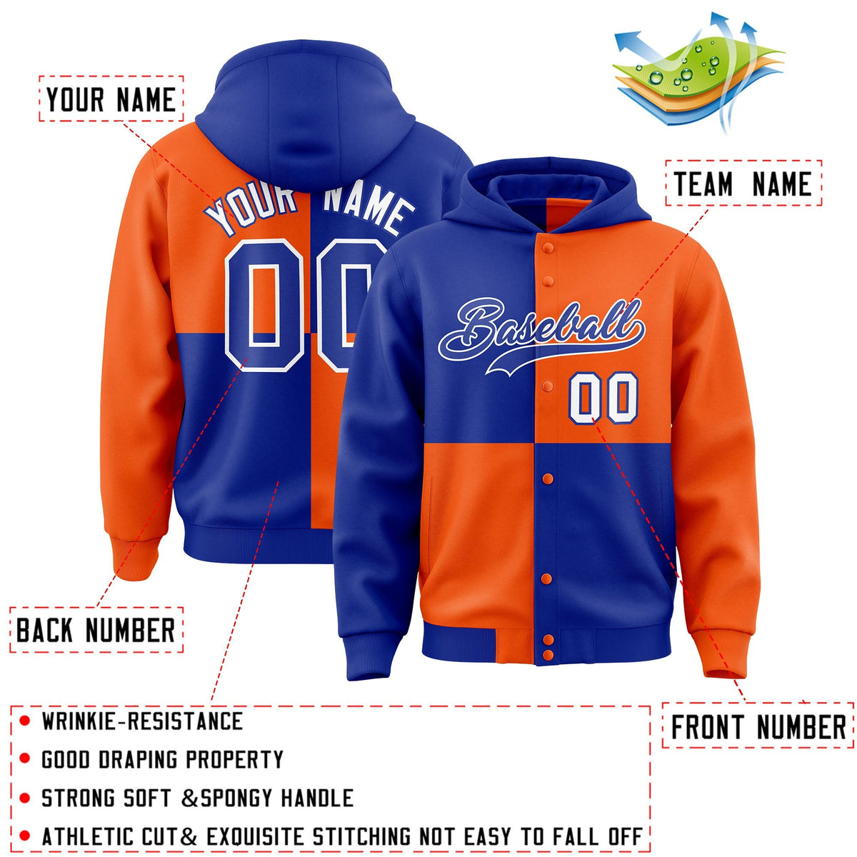 Custom Royal Orange Varsity Full-Snap Four Squares Color Block Letterman Jacket Hoodie| KXKSHOP