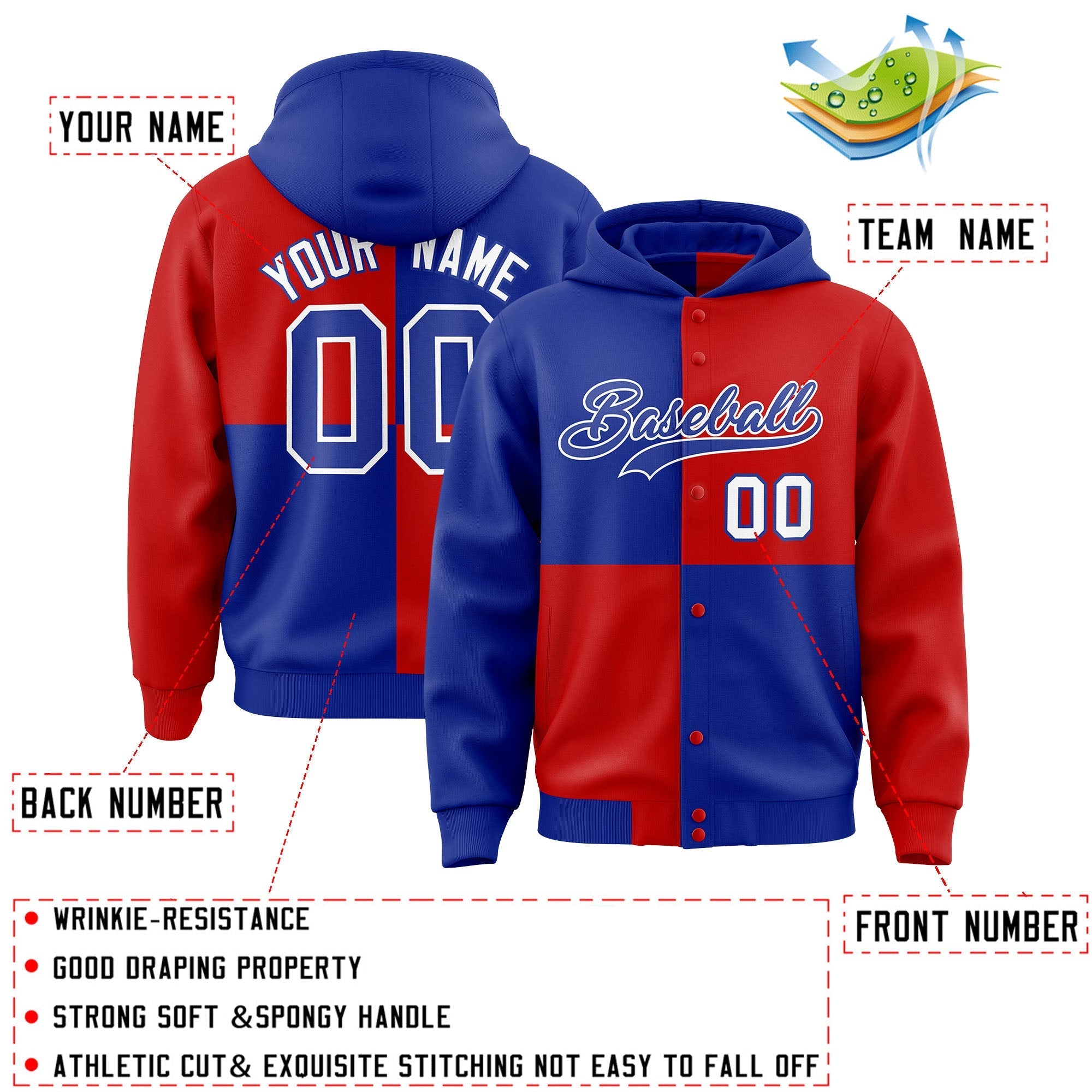 Custom Royal Red Varsity Full-Snap Four Squares Color Block Letterman Jacket Hoodie| KXKSHOP