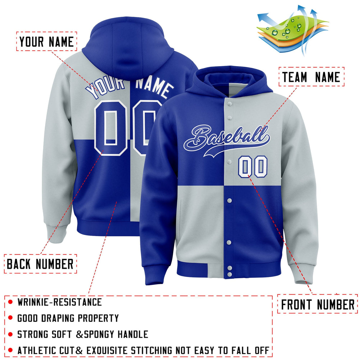 Custom Royal Silver Varsity Full-Snap Four Squares Color Block Letterman Jacket Hoodie| KXKSHOP