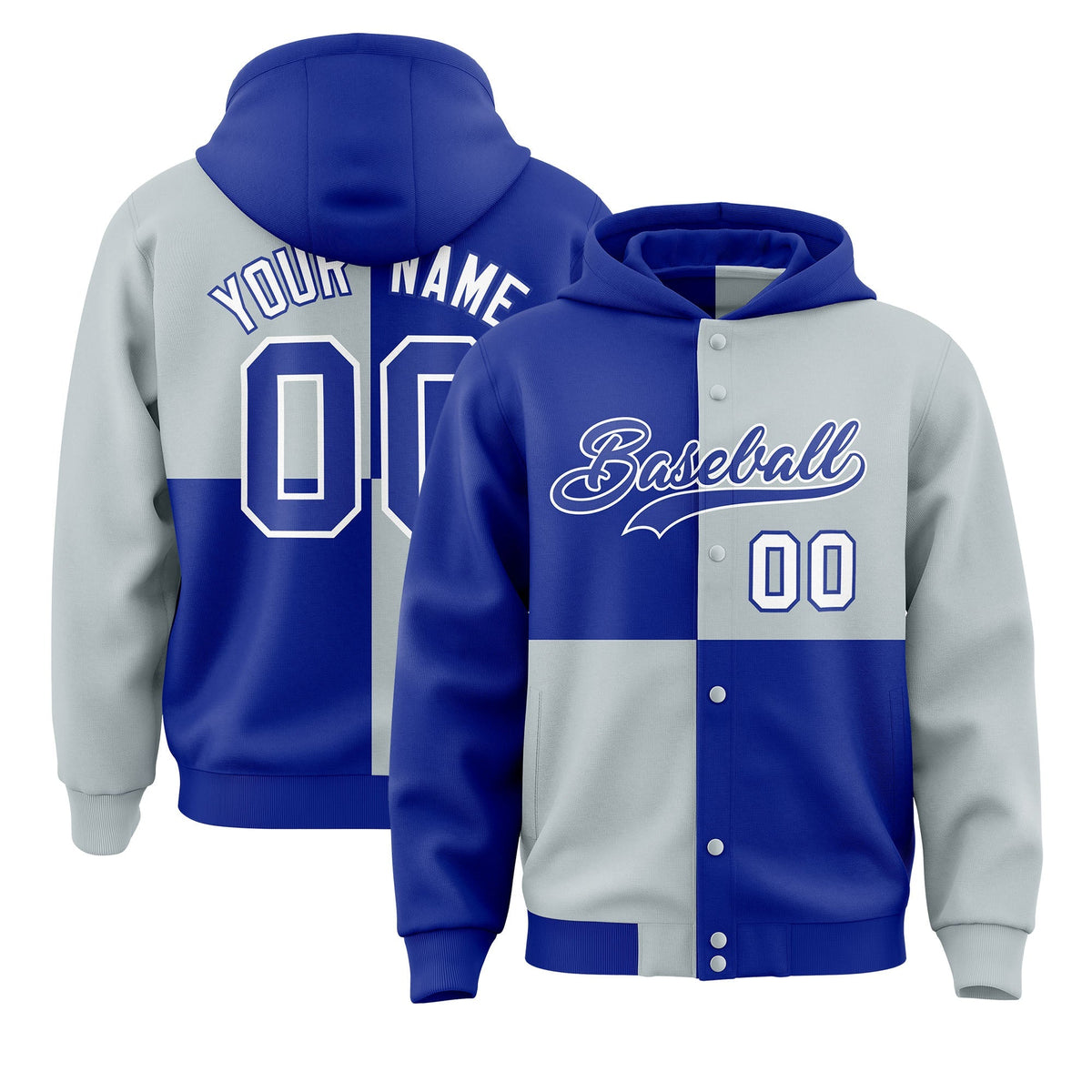 Custom Royal Silver Varsity Full-Snap Four Squares Color Block Letterman Jacket Hoodie| KXKSHOP