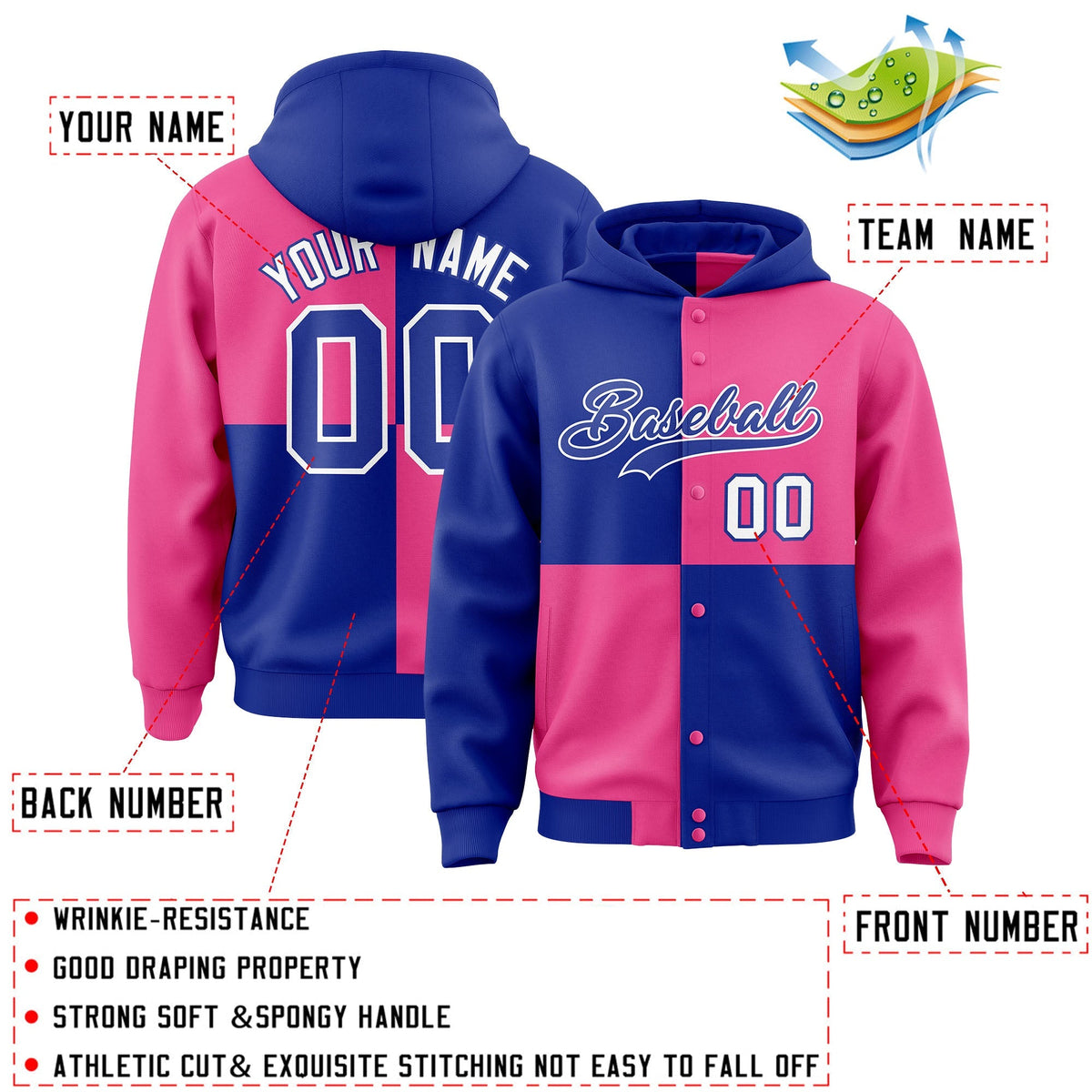 Custom Royal Pink Varsity Full-Snap Four Squares Color Block Letterman Jacket Hoodie| KXKSHOP