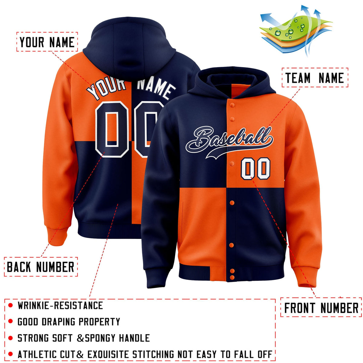 Custom Navy Orange Varsity Full-Snap Four Squares Color Block Letterman Jacket Hoodie| KXKSHOP