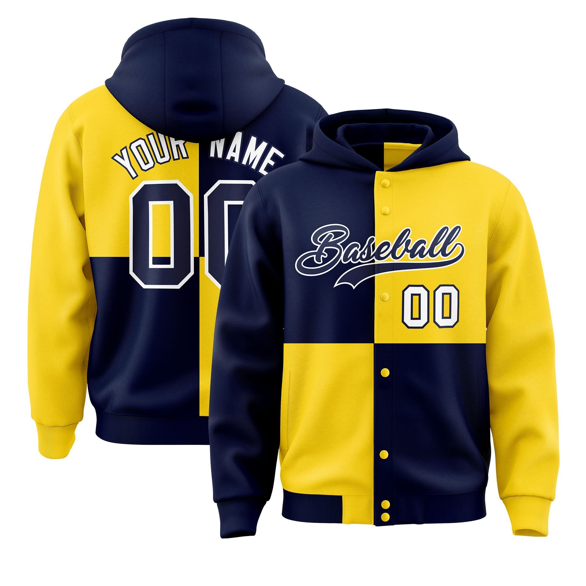 Custom Navy Gold Varsity Full-Snap Four Squares Color Block Letterman Jacket Hoodie| KXKSHOP