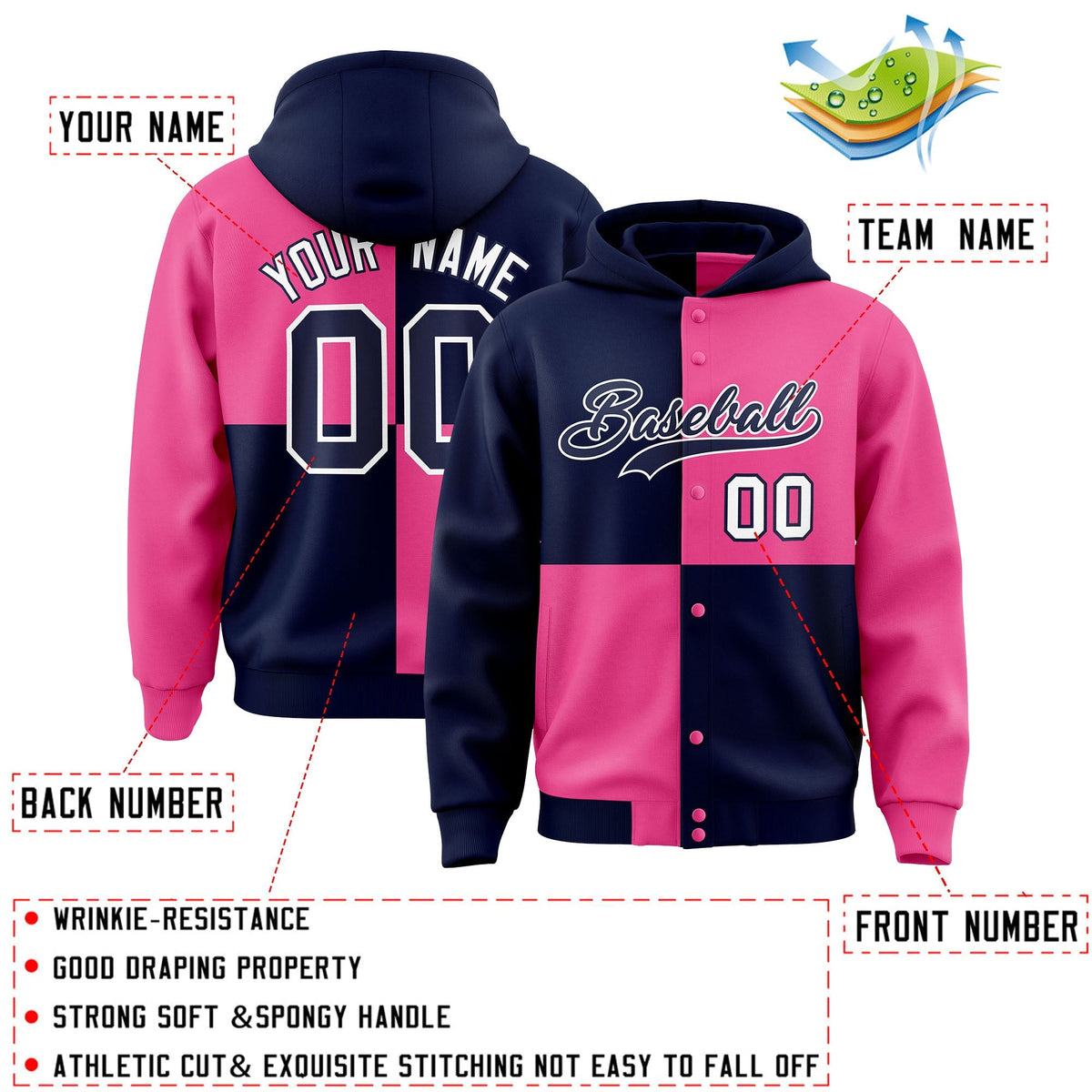 Custom Navy Pink Varsity Full-Snap Four Squares Color Block Letterman Jacket Hoodie| KXKSHOP