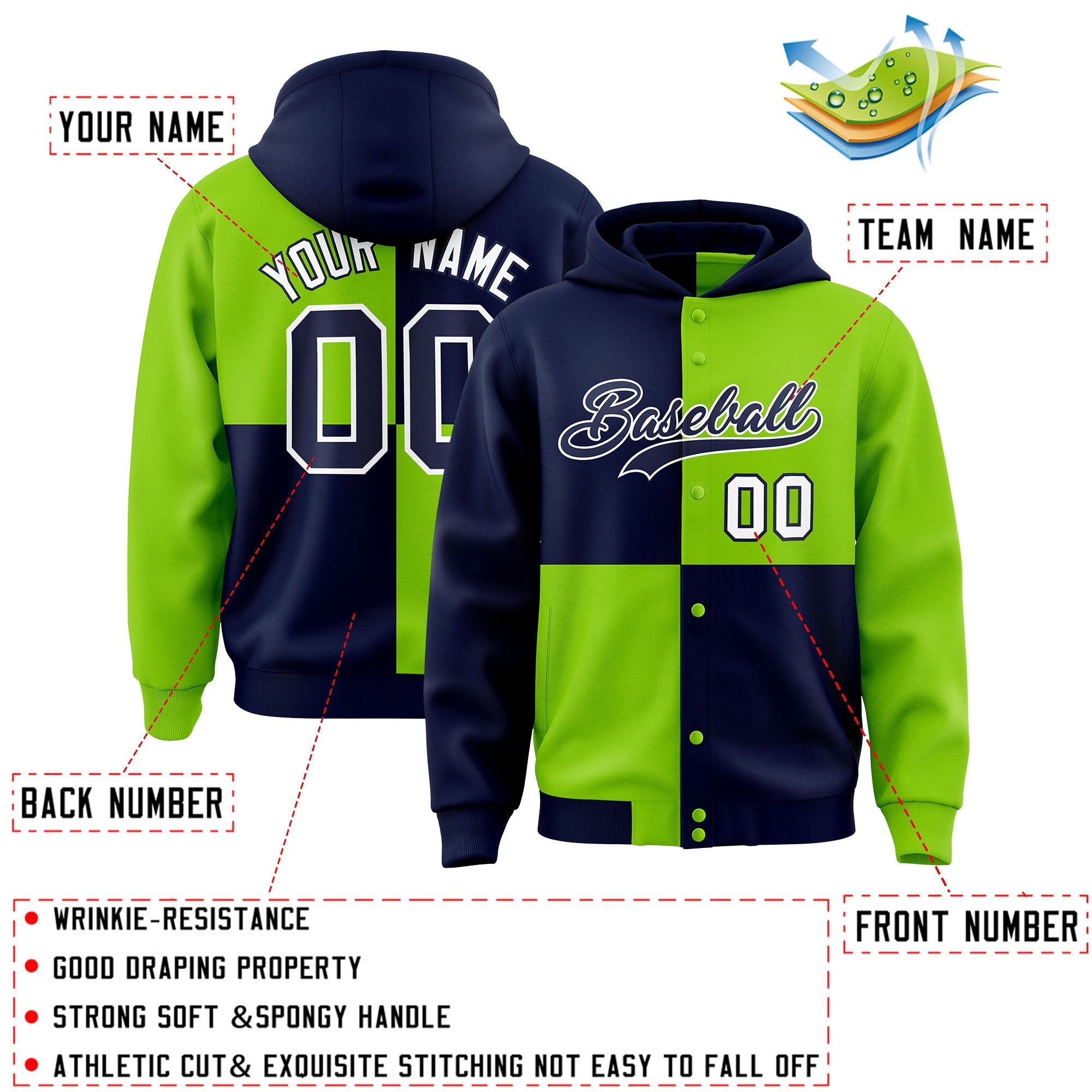 Custom Navy Neon Green Varsity Full-Snap Four Squares Color Block Letterman Jacket Hoodie| KXKSHOP