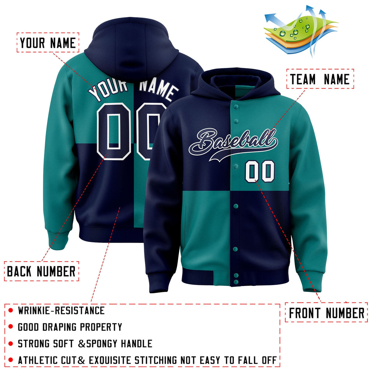 Custom Navy Aqua Varsity Full-Snap Four Squares Color Block Letterman Jacket Hoodie| KXKSHOP