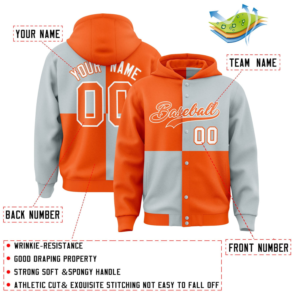 Custom Orange Silver Varsity Full-Snap Four Squares Color Block Letterman Jacket Hoodie| KXKSHOP