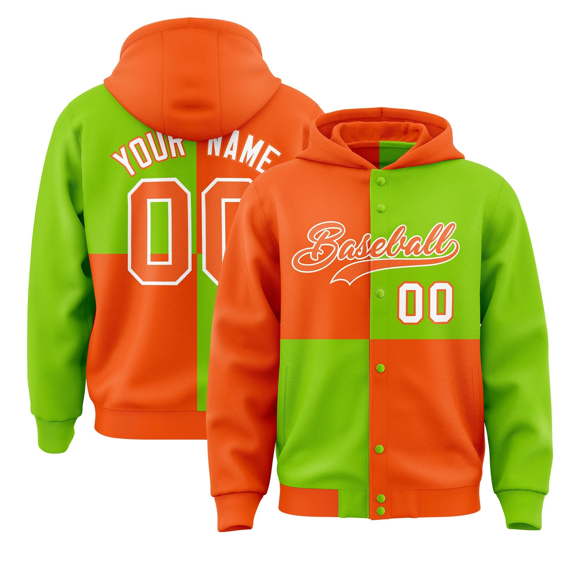 Custom Orange Neon Green Varsity Full-Snap Four Squares Color Block Letterman Jacket Hoodie| KXKSHOP
