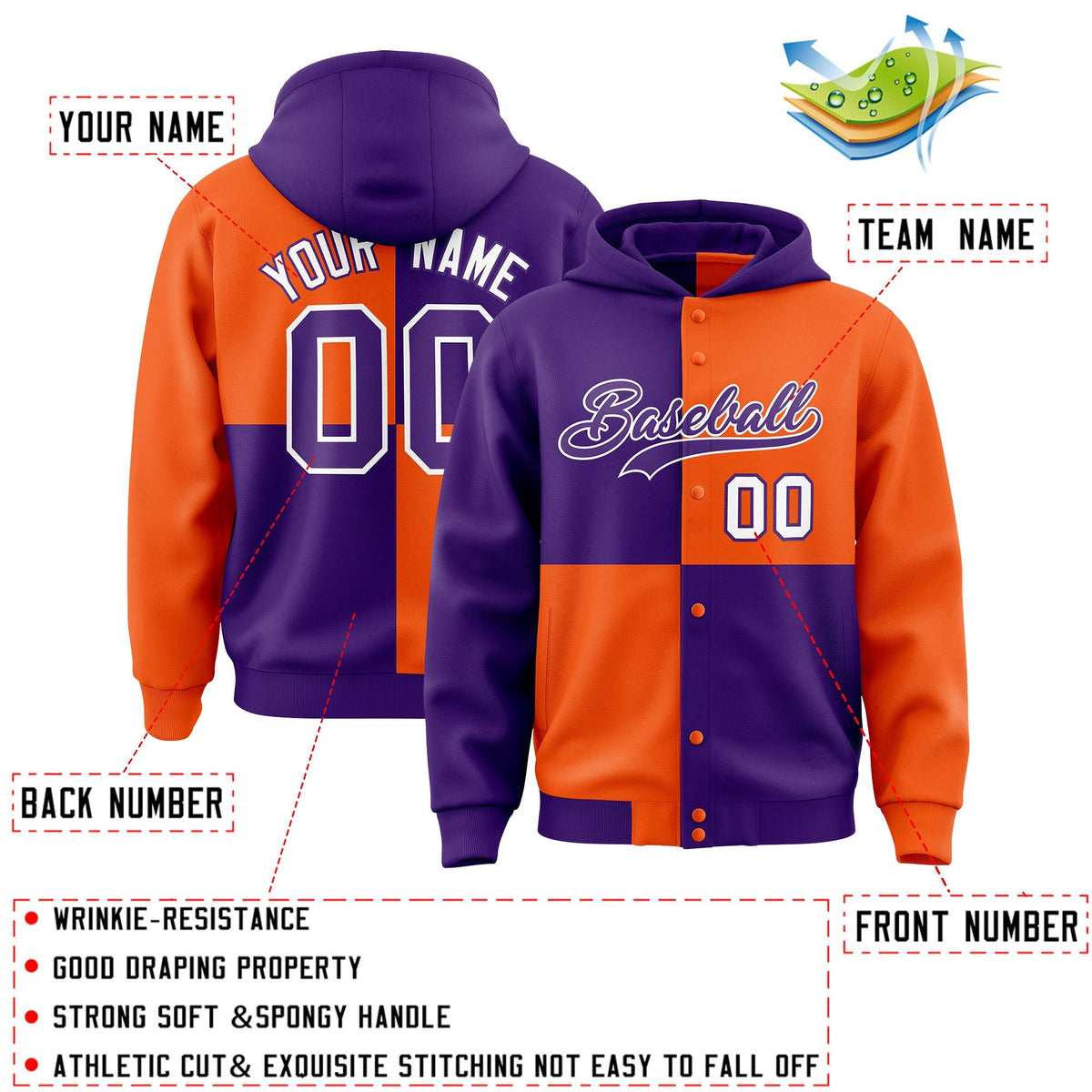Custom Purple Orange Varsity Full-Snap Four Squares Color Block Letterman Jacket Hoodie| KXKSHOP