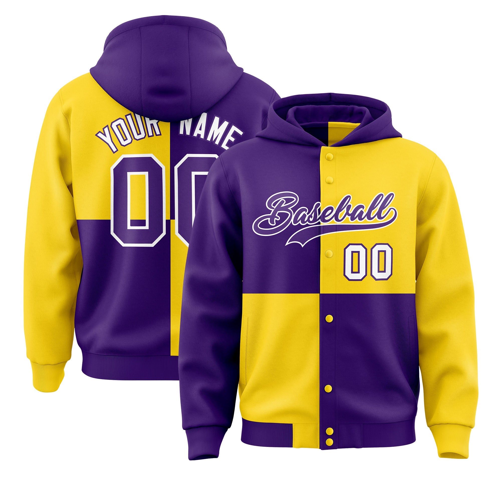 Custom Purple Gold Varsity Full-Snap Four Squares Color Block Letterman Jacket Hoodie| KXKSHOP