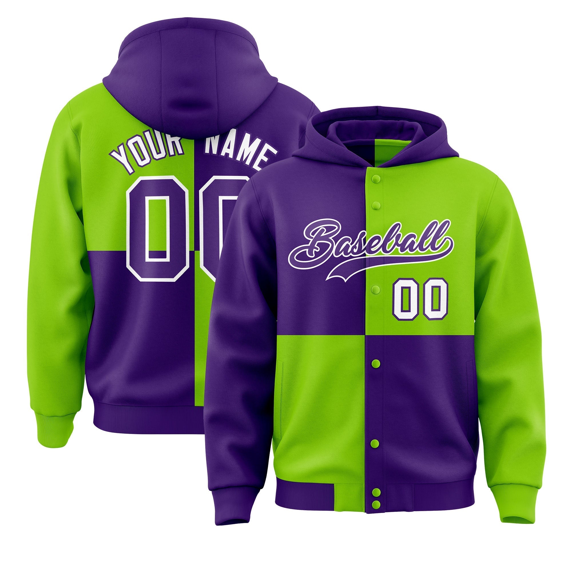 Custom Purple Neon Green Varsity Full-Snap Four Squares Color Block Letterman Jacket Hoodie| KXKSHOP