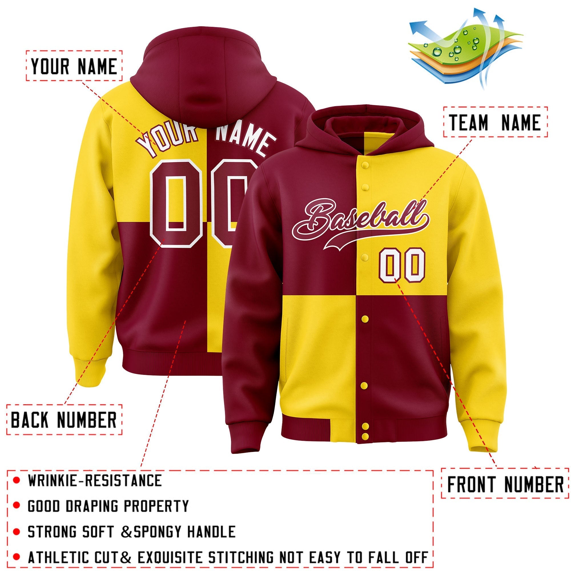 Custom Crimson Gold Varsity Full-Snap Four Squares Color Block Letterman Jacket Hoodie| KXKSHOP
