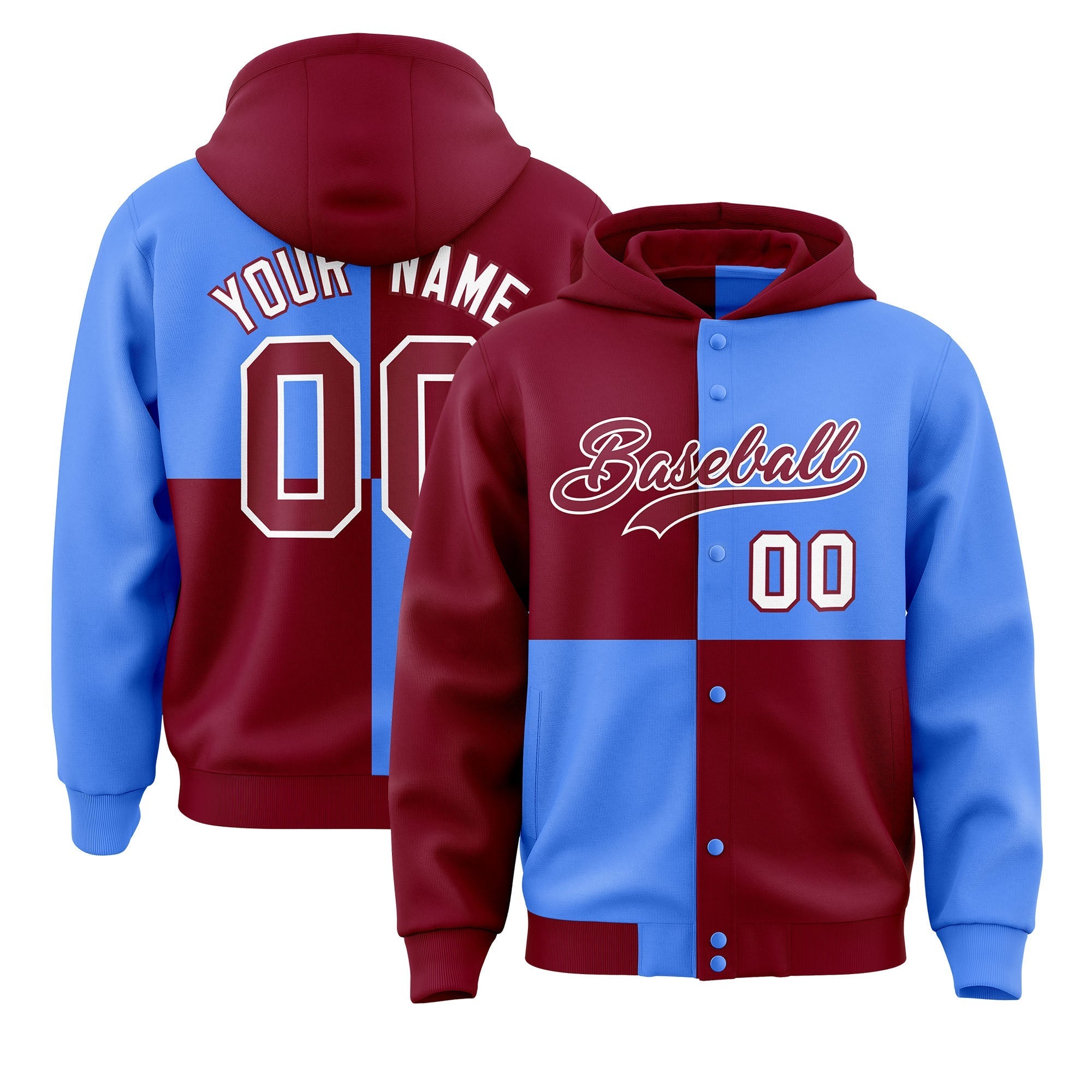 Custom Crimson Powder Blue Varsity Full-Snap Four Squares Color Block Letterman Jacket Hoodie| KXKSHOP