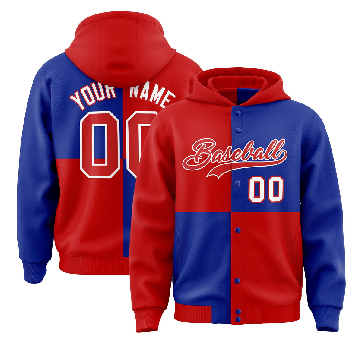 Custom Red Royal Varsity Full-Snap Four Squares Color Block Letterman Jacket Hoodie| KXKSHOP