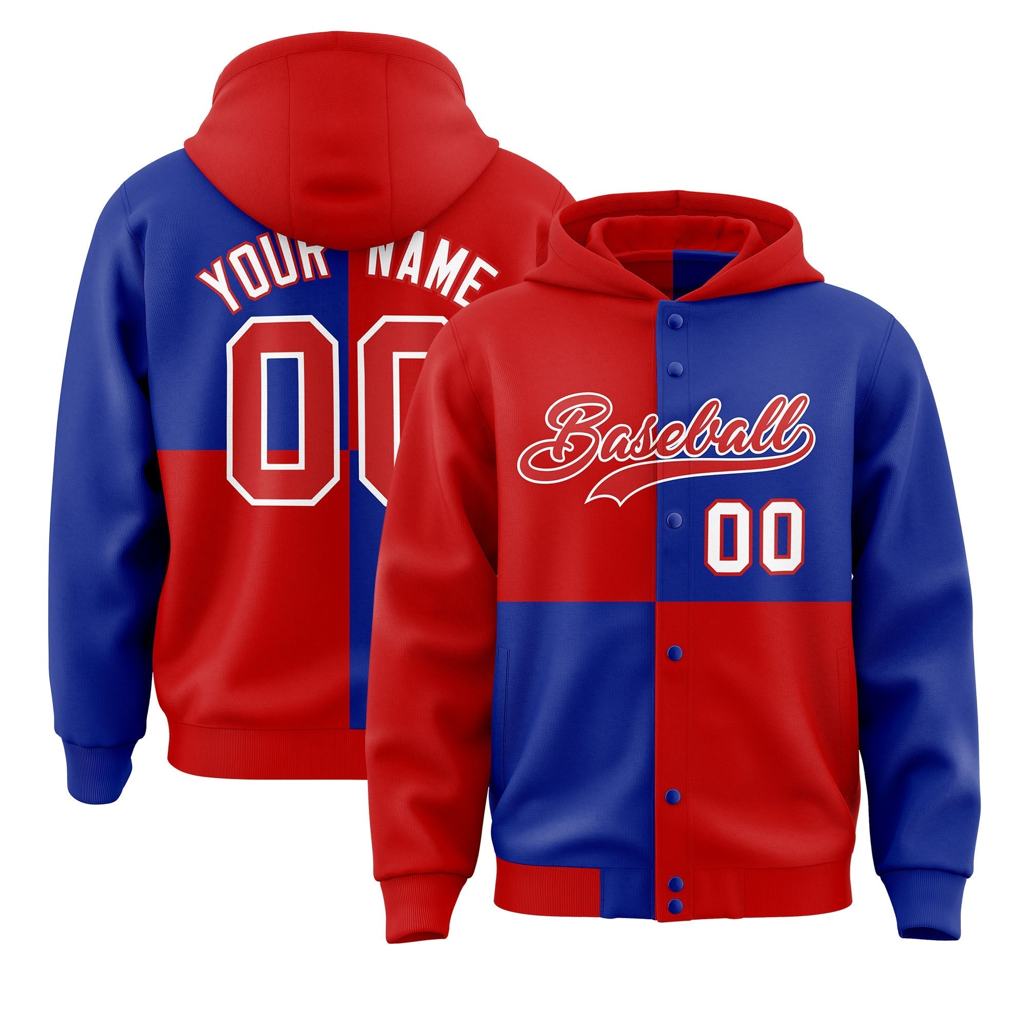 Custom Red Royal Varsity Full-Snap Four Squares Color Block Letterman Jacket Hoodie| KXKSHOP