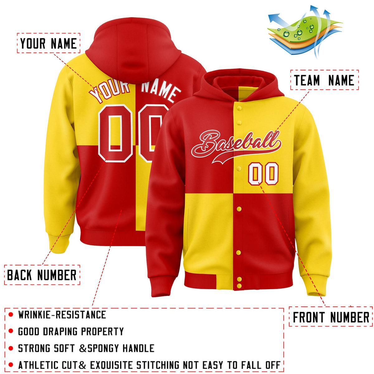Custom Red Gold Varsity Full-Snap Four Squares Color Block Letterman Jacket Hoodie| KXKSHOP
