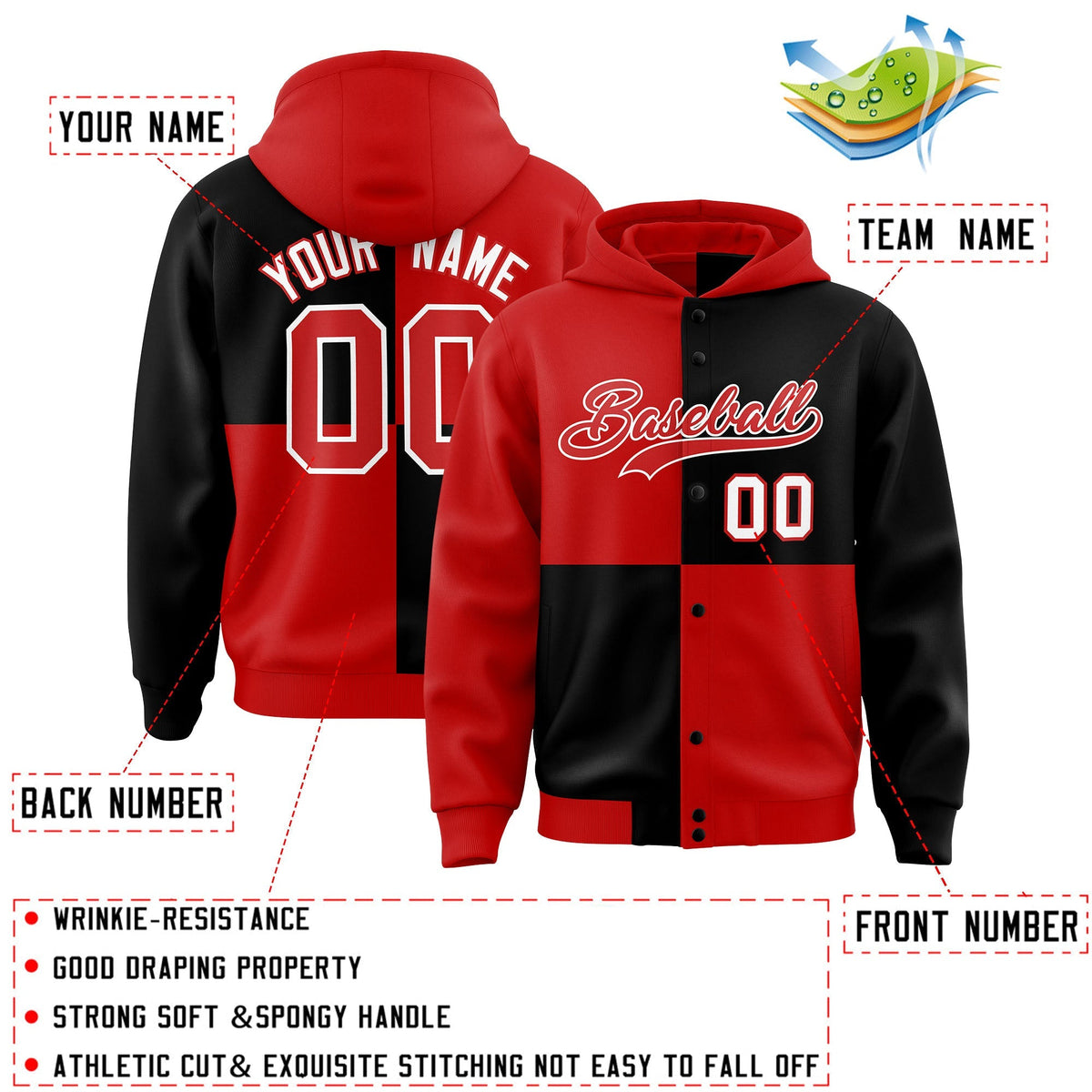 Custom Red Black Varsity Full-Snap Four Squares Color Block Letterman Jacket Hoodie| KXKSHOP
