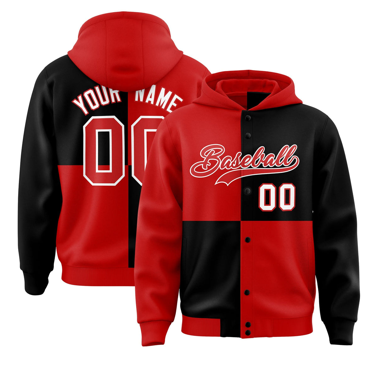 Custom Red Black Varsity Full-Snap Four Squares Color Block Letterman Jacket Hoodie| KXKSHOP