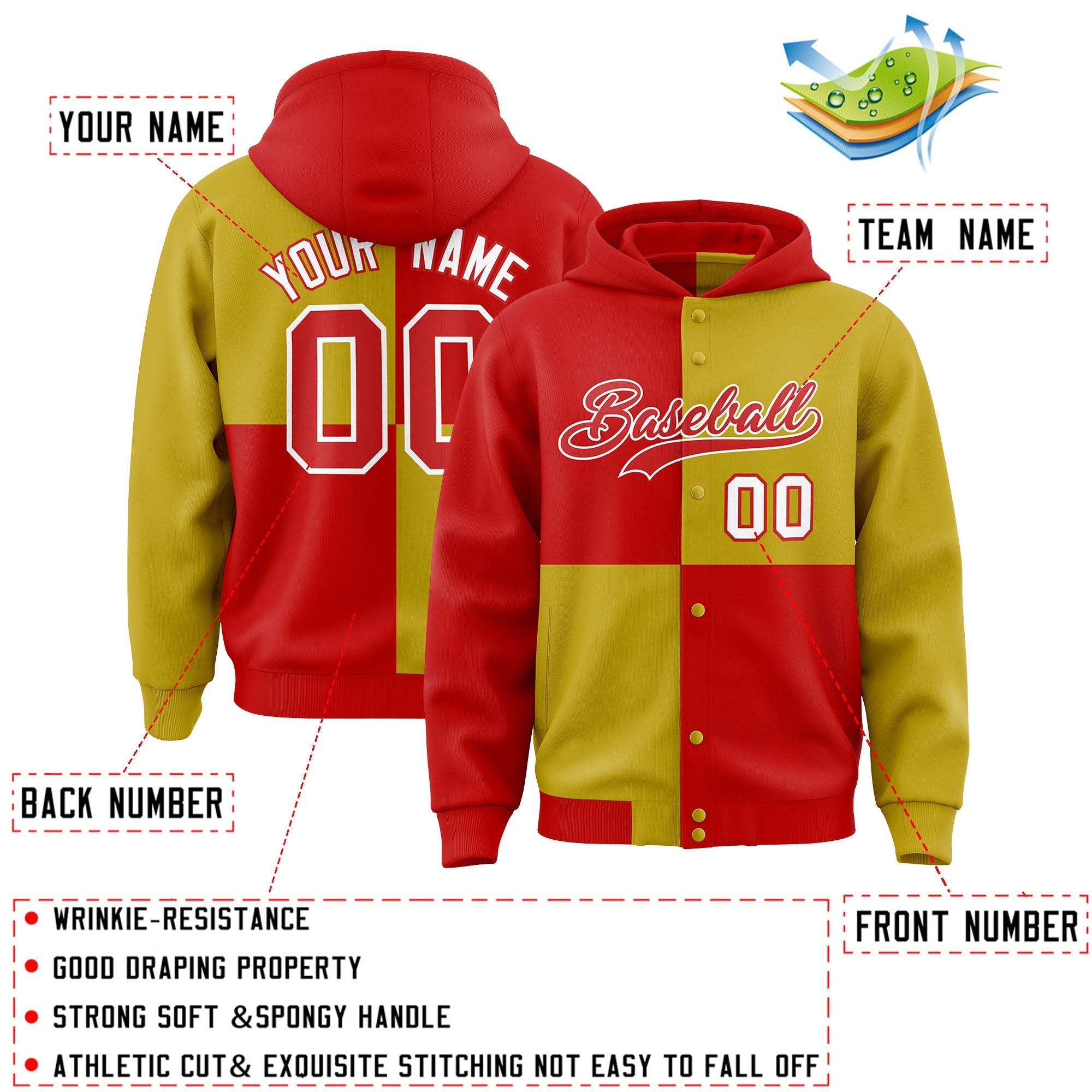 Custom Red Old Gold Varsity Full-Snap Four Squares Color Block Letterman Jacket Hoodie| KXKSHOP