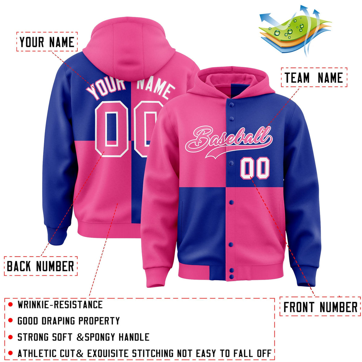 Custom Pink Royal Varsity Full-Snap Four Squares Color Block Letterman Jacket Hoodie| KXKSHOP