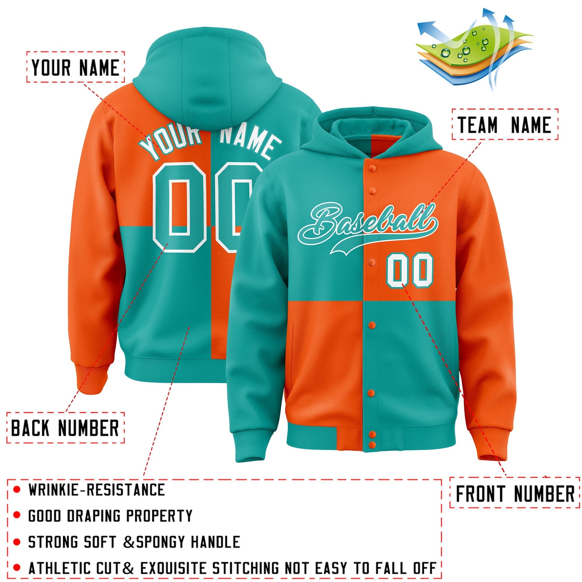 Custom Aqua Orange Varsity Full-Snap Four Squares Color Block Letterman Jacket Hoodie| KXKSHOP
