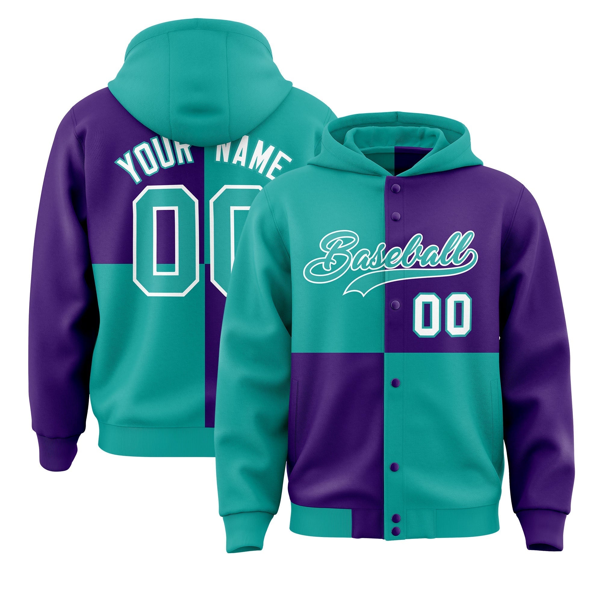 Custom Aqua Purple Varsity Full-Snap Four Squares Color Block Letterman Jacket Hoodie| KXKSHOP