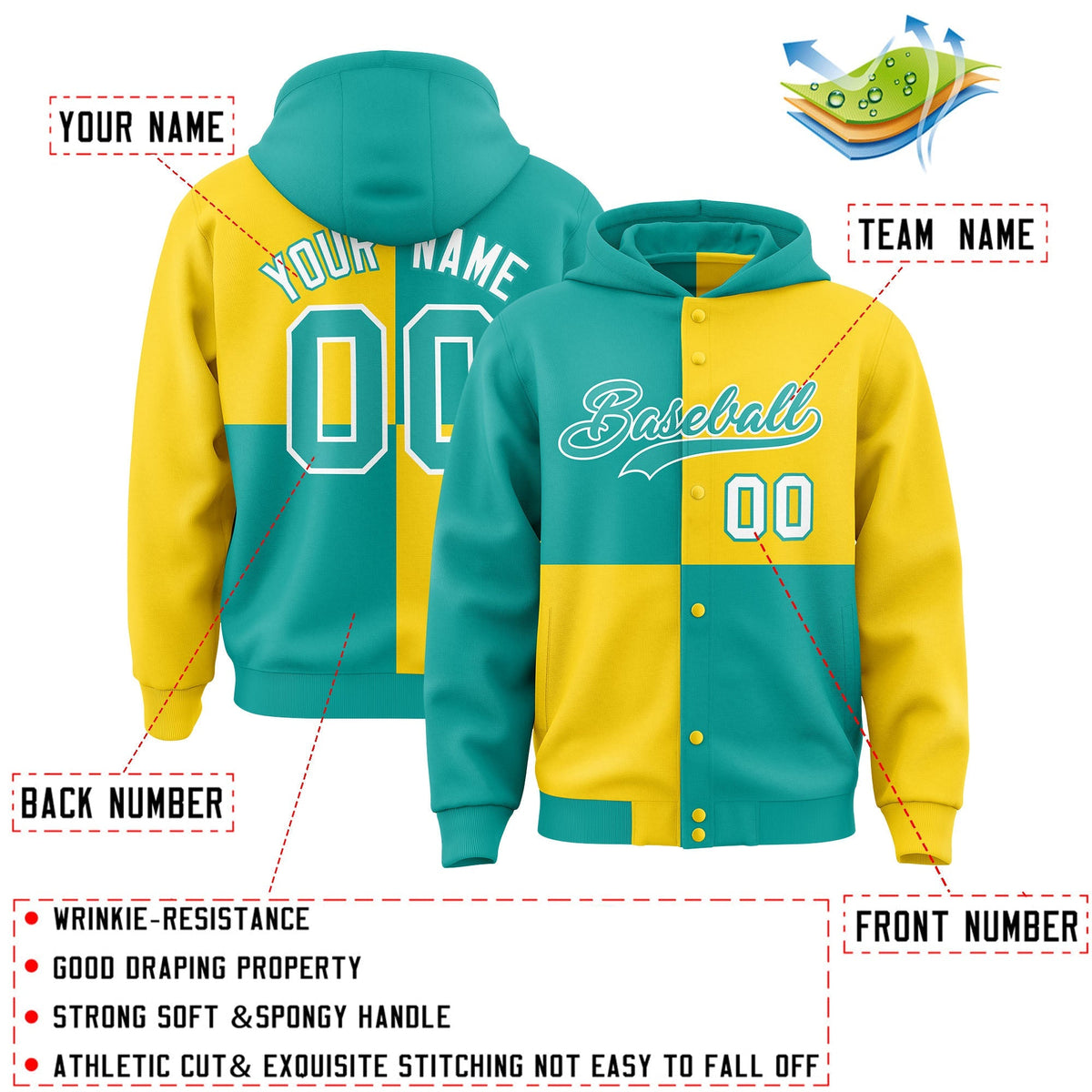 Custom Aqua Gold Varsity Full-Snap Four Squares Color Block Letterman Jacket Hoodie| KXKSHOP