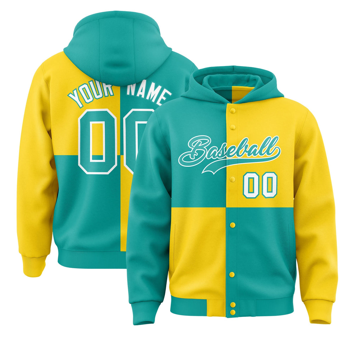 Custom Aqua Gold Varsity Full-Snap Four Squares Color Block Letterman Jacket Hoodie| KXKSHOP