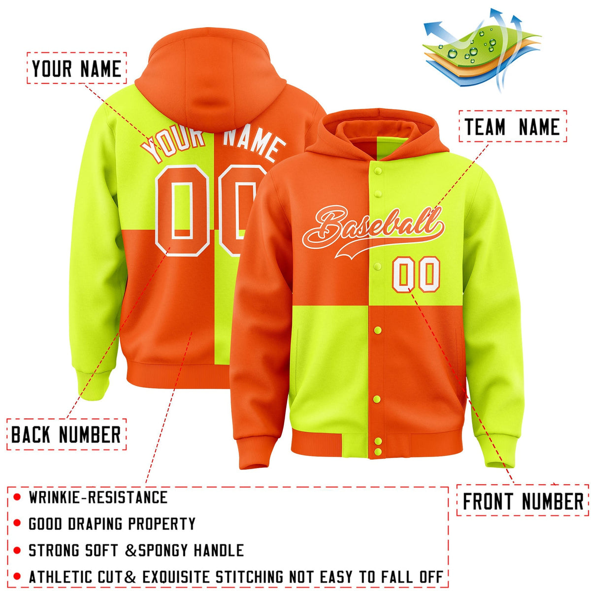 Custom Orange Green Varsity Full-Snap Four Squares Color Block Letterman Jacket Hoodie| KXKSHOP
