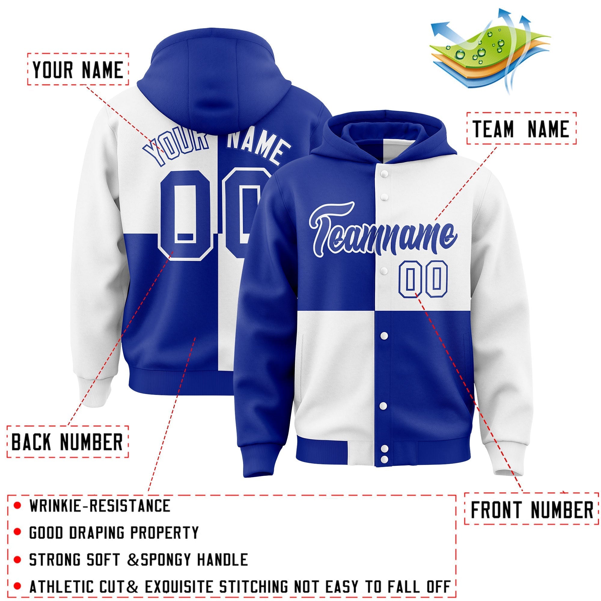 Custom Royal White Varsity Full-Snap Four Squares Color Block Letterman Jacket Hoodie| KXKSHOP