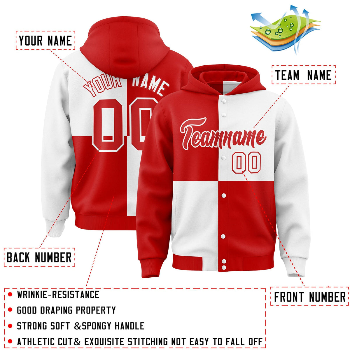 Custom Red White Varsity Full-Snap Four Squares Color Block Letterman Jacket Hoodie| KXKSHOP