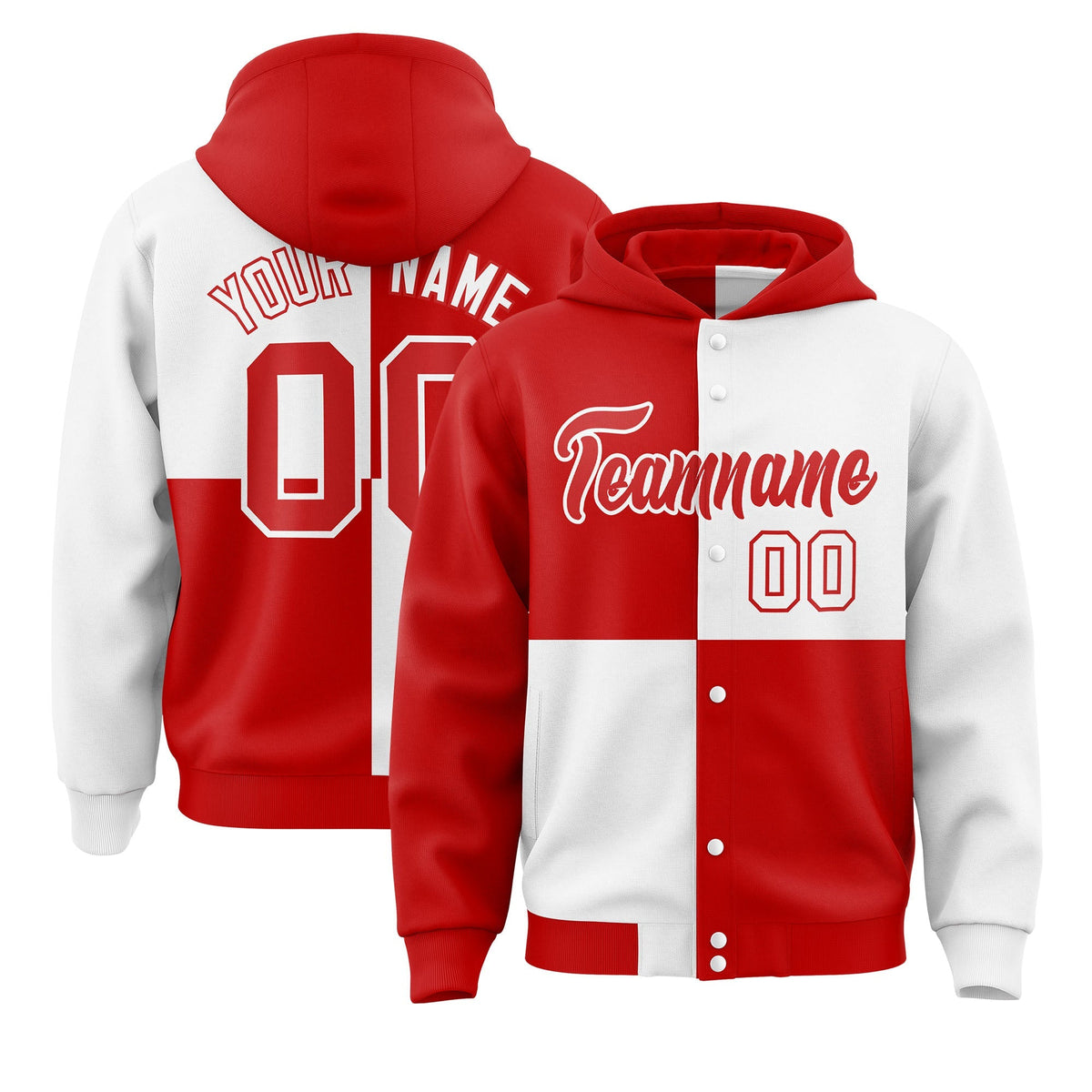 Custom Red White Varsity Full-Snap Four Squares Color Block Letterman Jacket Hoodie| KXKSHOP