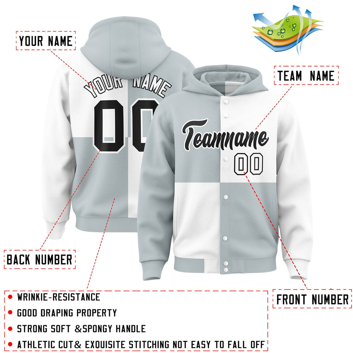 Custom Silver White Varsity Full-Snap Four Squares Color Block Letterman Jacket Hoodie| KXKSHOP