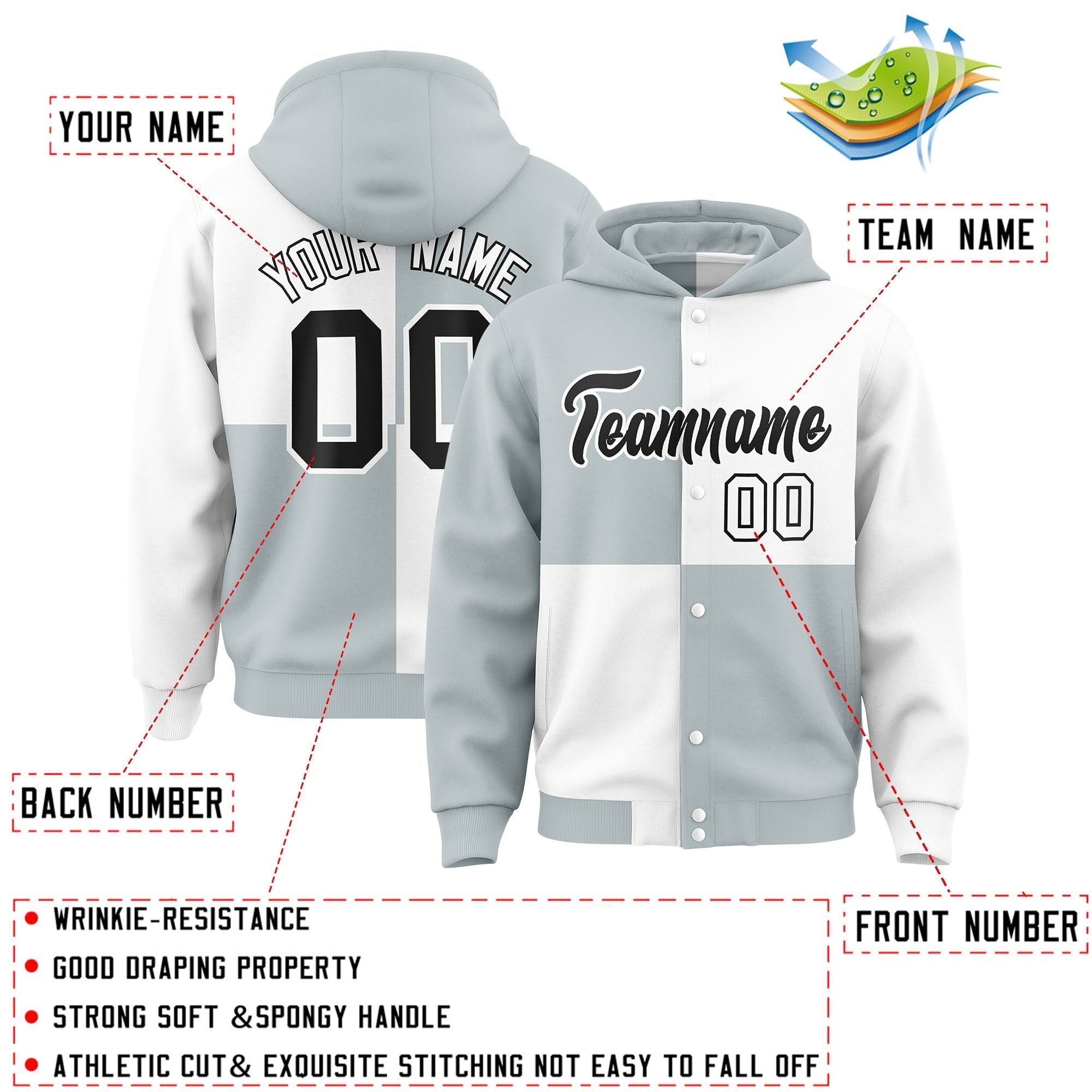 Custom Silver White Varsity Full-Snap Four Squares Color Block Letterman Jacket Hoodie| KXKSHOP