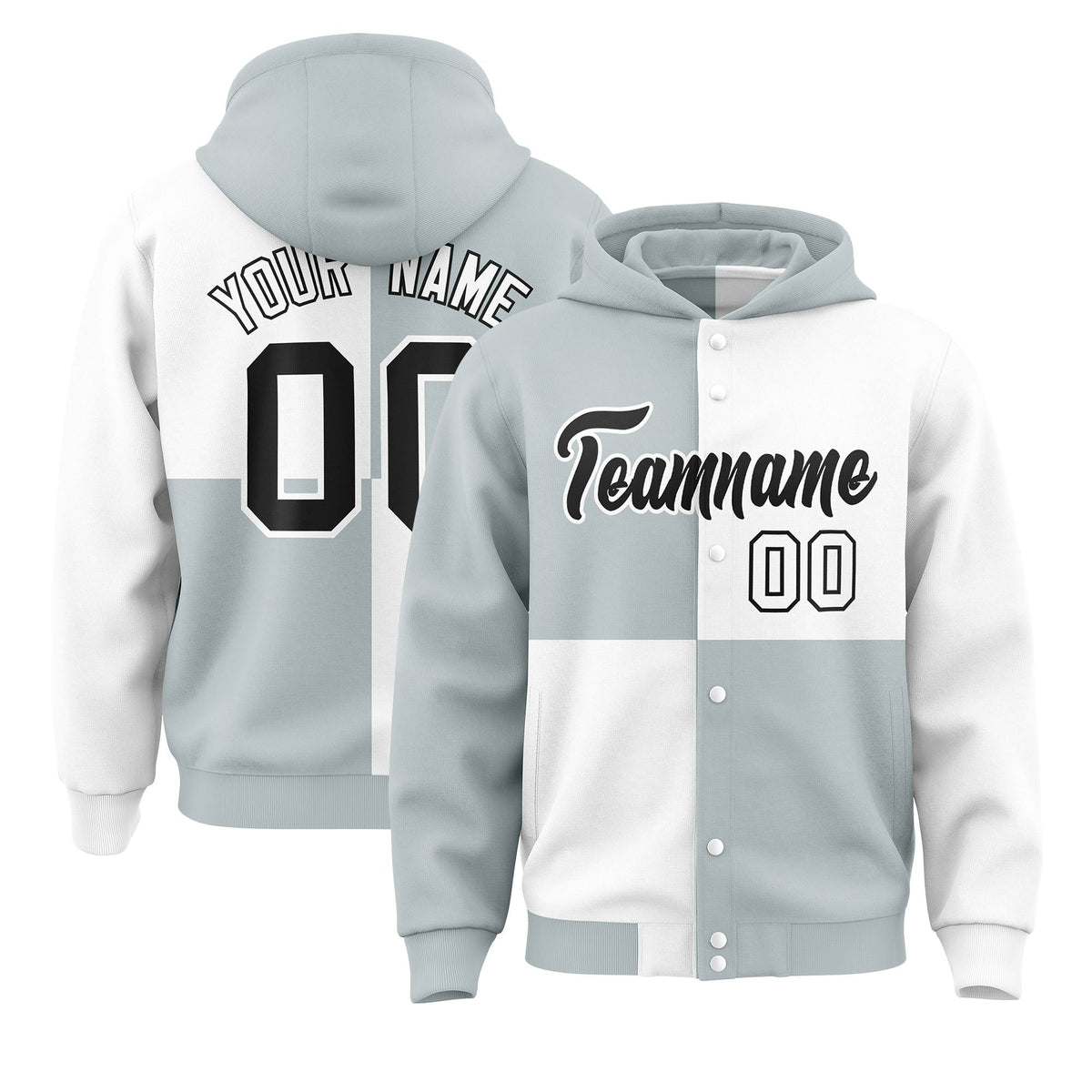 Custom Silver White Varsity Full-Snap Four Squares Color Block Letterman Jacket Hoodie| KXKSHOP