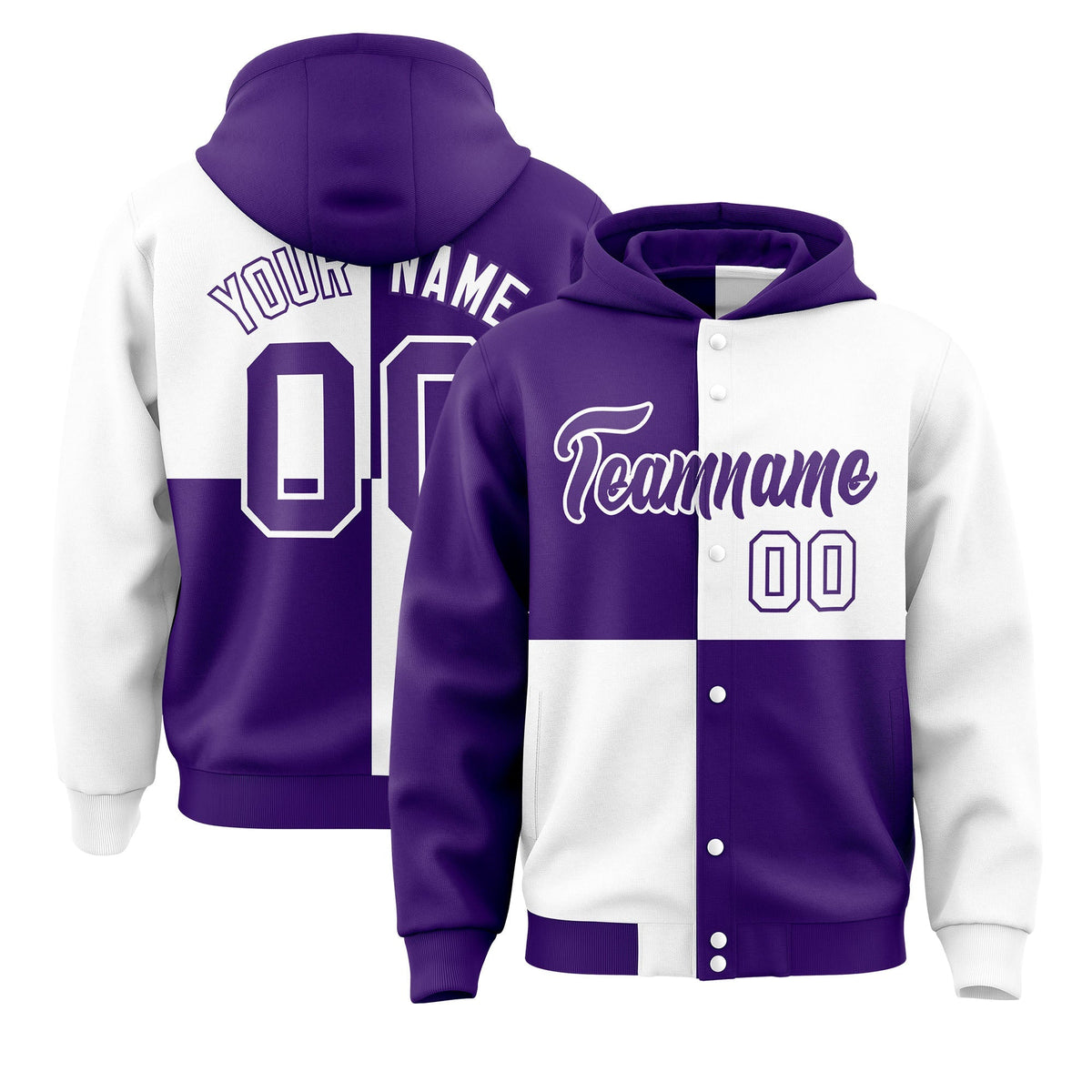 Custom Purple White Varsity Full-Snap Four Squares Color Block Letterman Jacket Hoodie| KXKSHOP