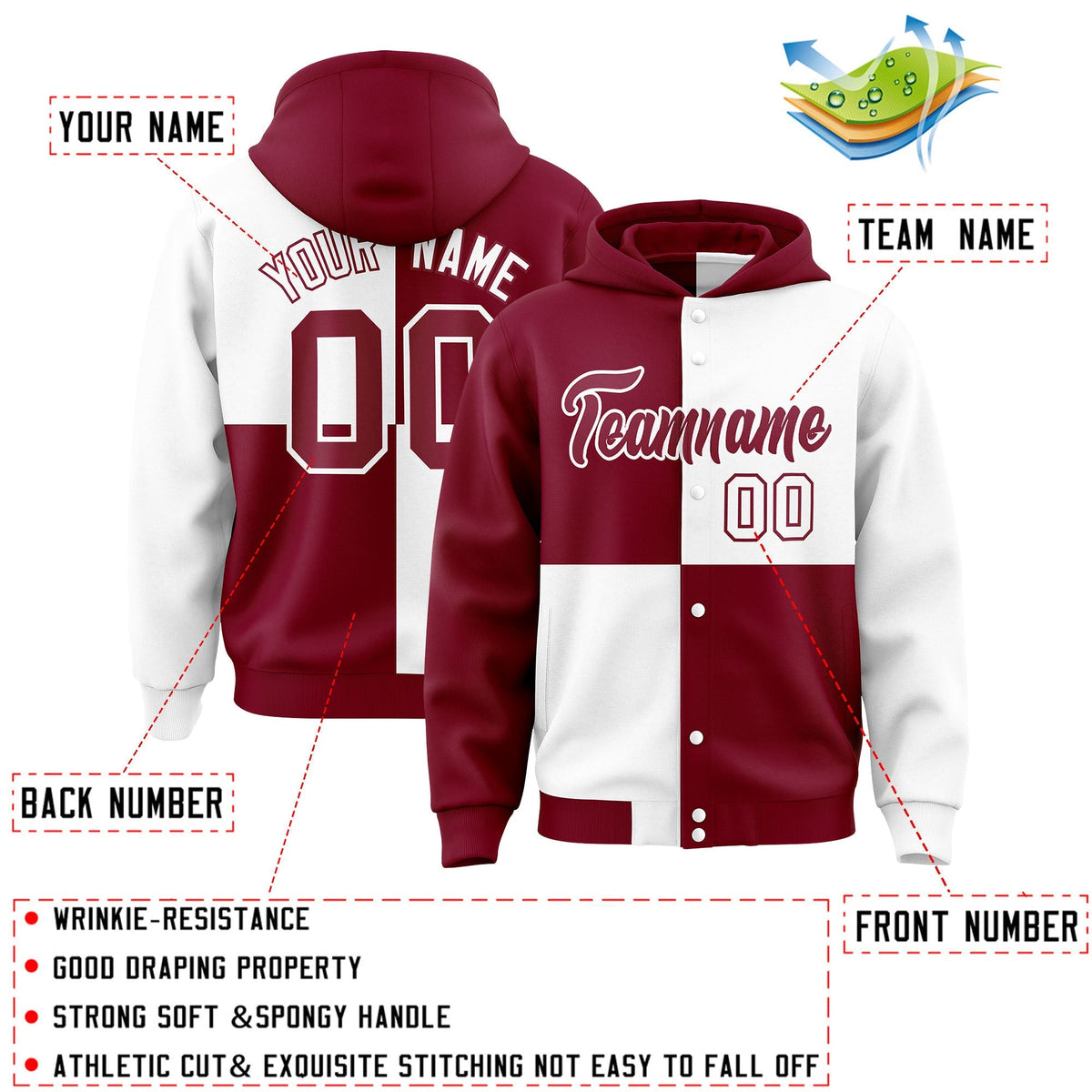 Custom Crimson White Varsity Full-Snap Four Squares Color Block Letterman Jacket Hoodie| KXKSHOP