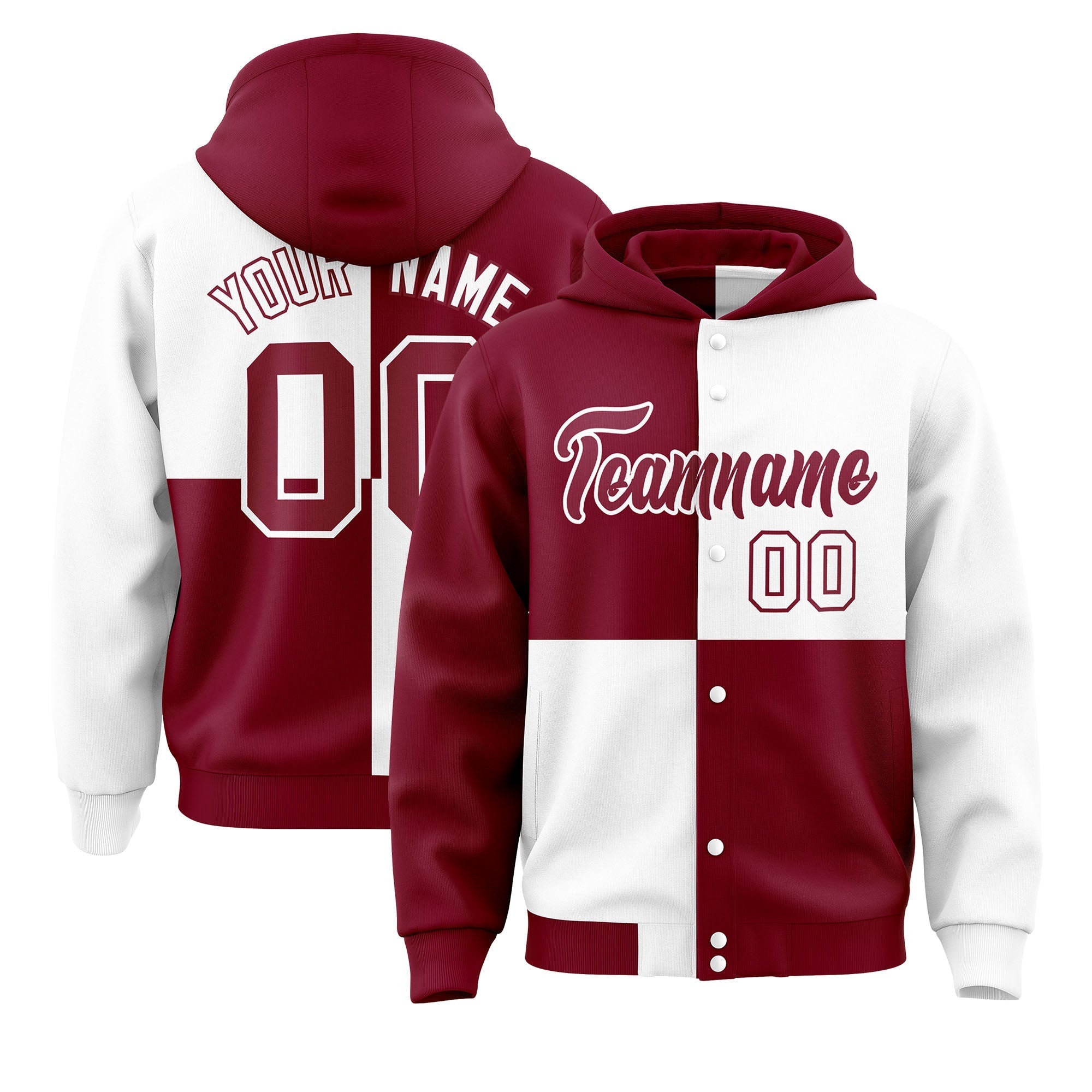Custom Crimson White Varsity Full-Snap Four Squares Color Block Letterman Jacket Hoodie| KXKSHOP
