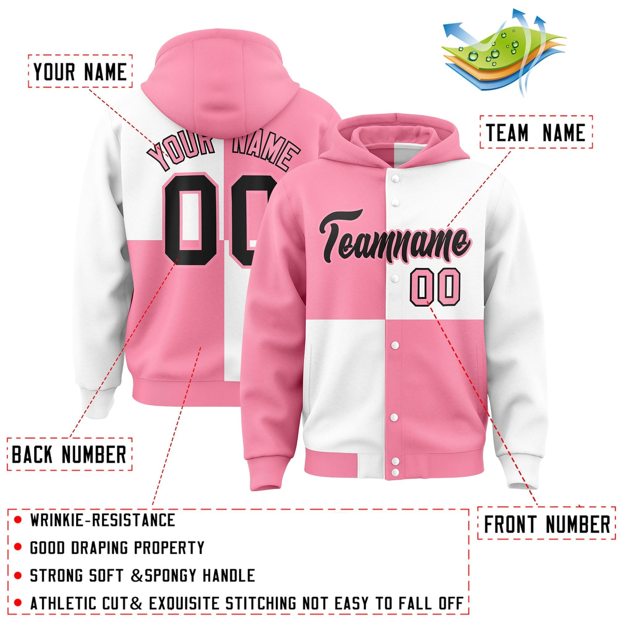 Custom Light Pink White Varsity Full-Snap Four Squares Color Block Letterman Jacket Hoodie| KXKSHOP