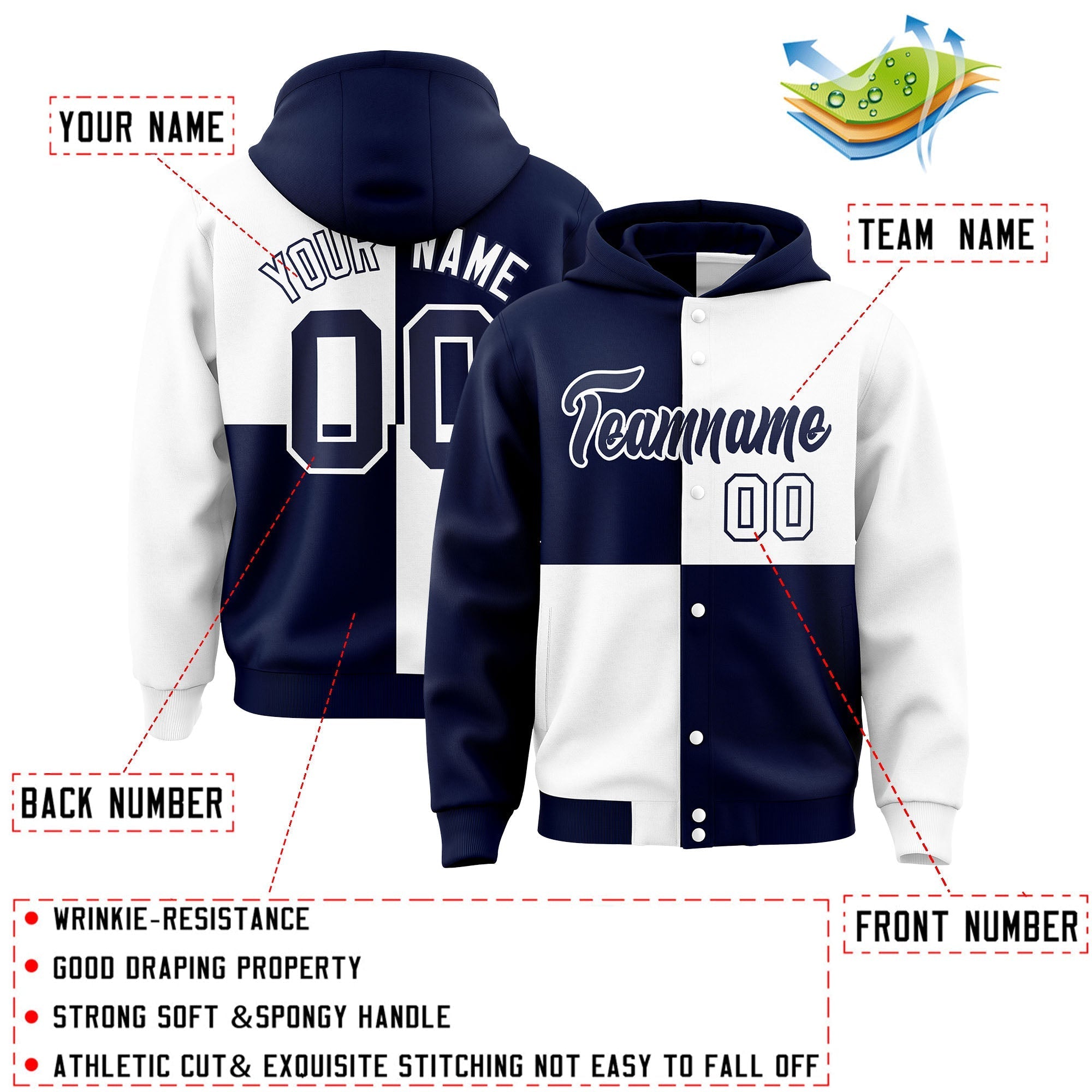 Custom Navy White Varsity Full-Snap Four Squares Color Block Letterman Jacket Hoodie| KXKSHOP