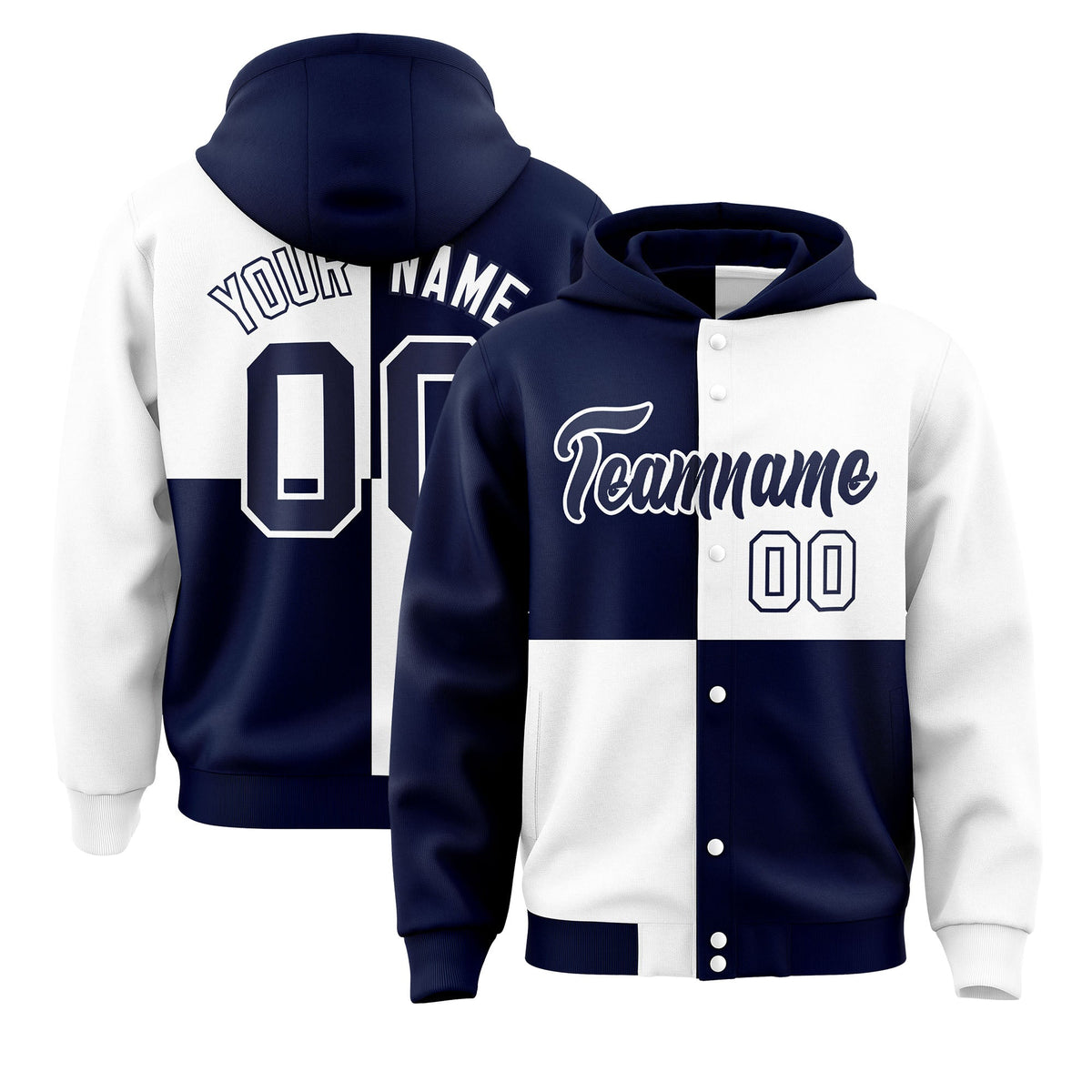 Custom Navy White Varsity Full-Snap Four Squares Color Block Letterman Jacket Hoodie| KXKSHOP