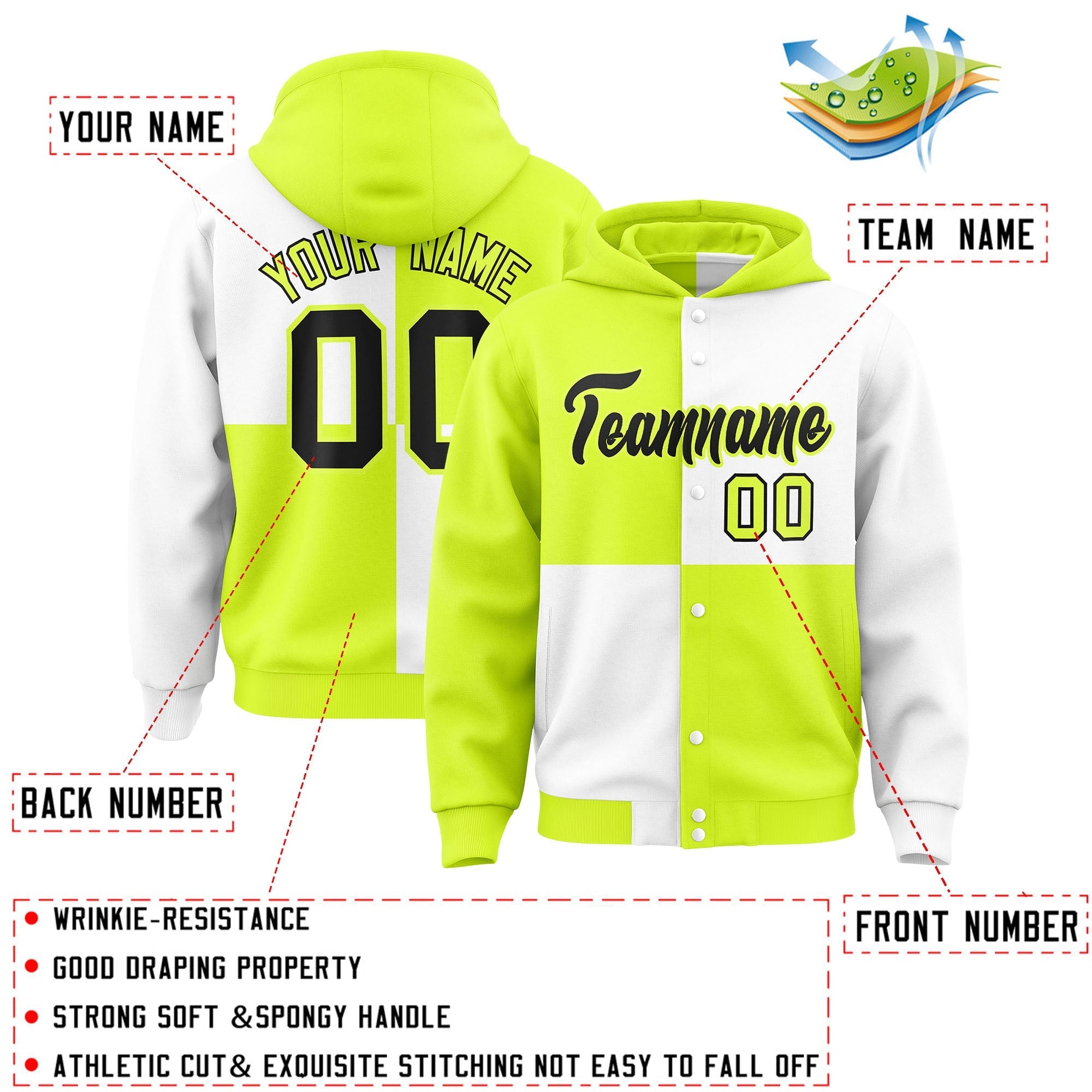 Custom Green White Varsity Full-Snap Four Squares Color Block Letterman Jacket Hoodie| KXKSHOP