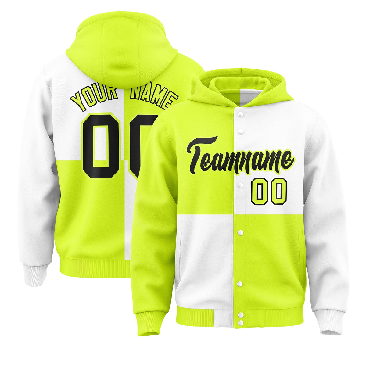 Custom Green White Varsity Full-Snap Four Squares Color Block Letterman Jacket Hoodie| KXKSHOP