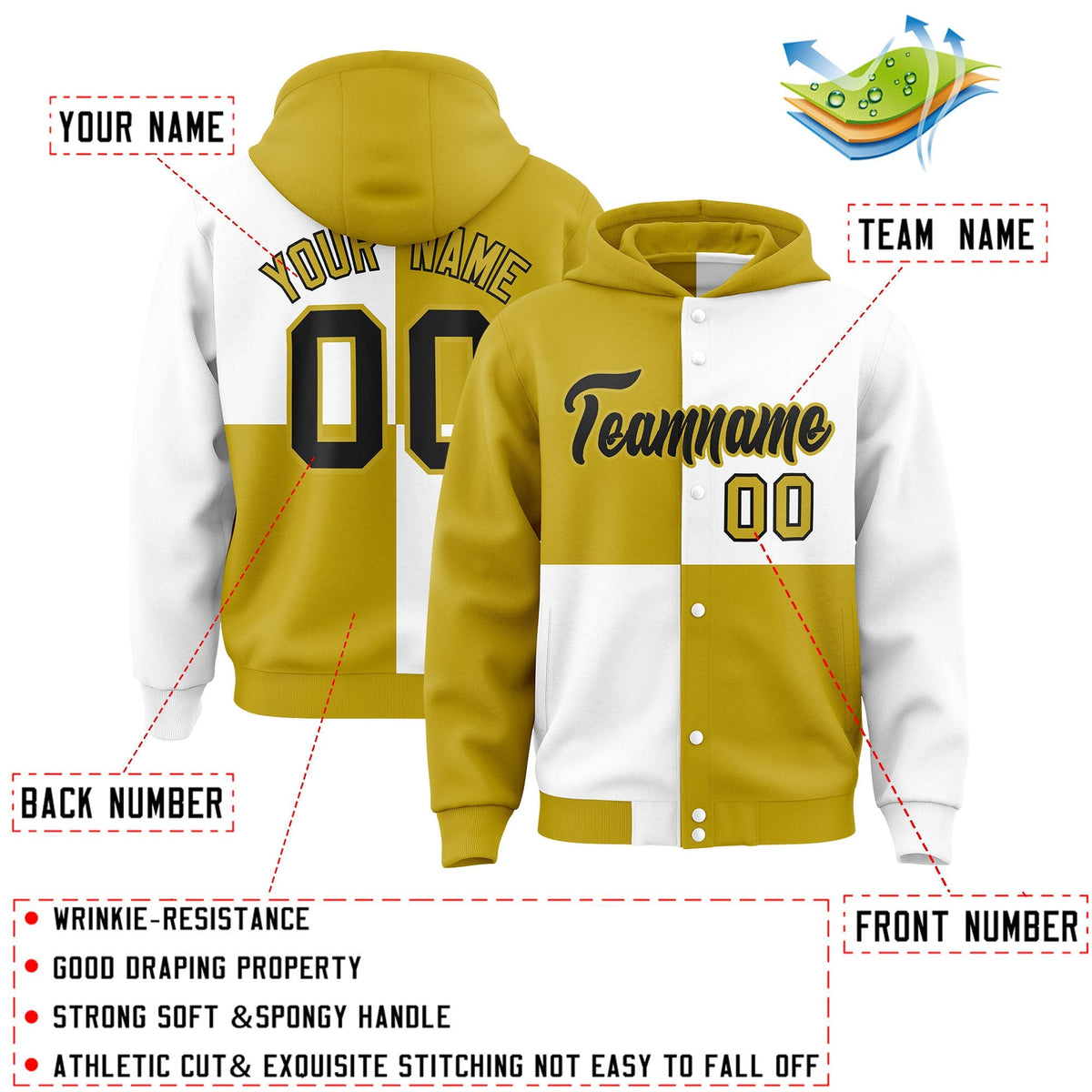Custom Old Gold White Varsity Full-Snap Four Squares Color Block Letterman Jacket Hoodie| KXKSHOP