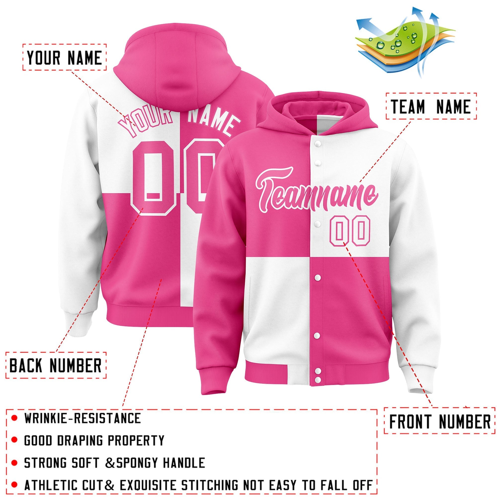 Custom Pink White Varsity Full-Snap Four Squares Color Block Letterman Jacket Hoodie| KXKSHOP