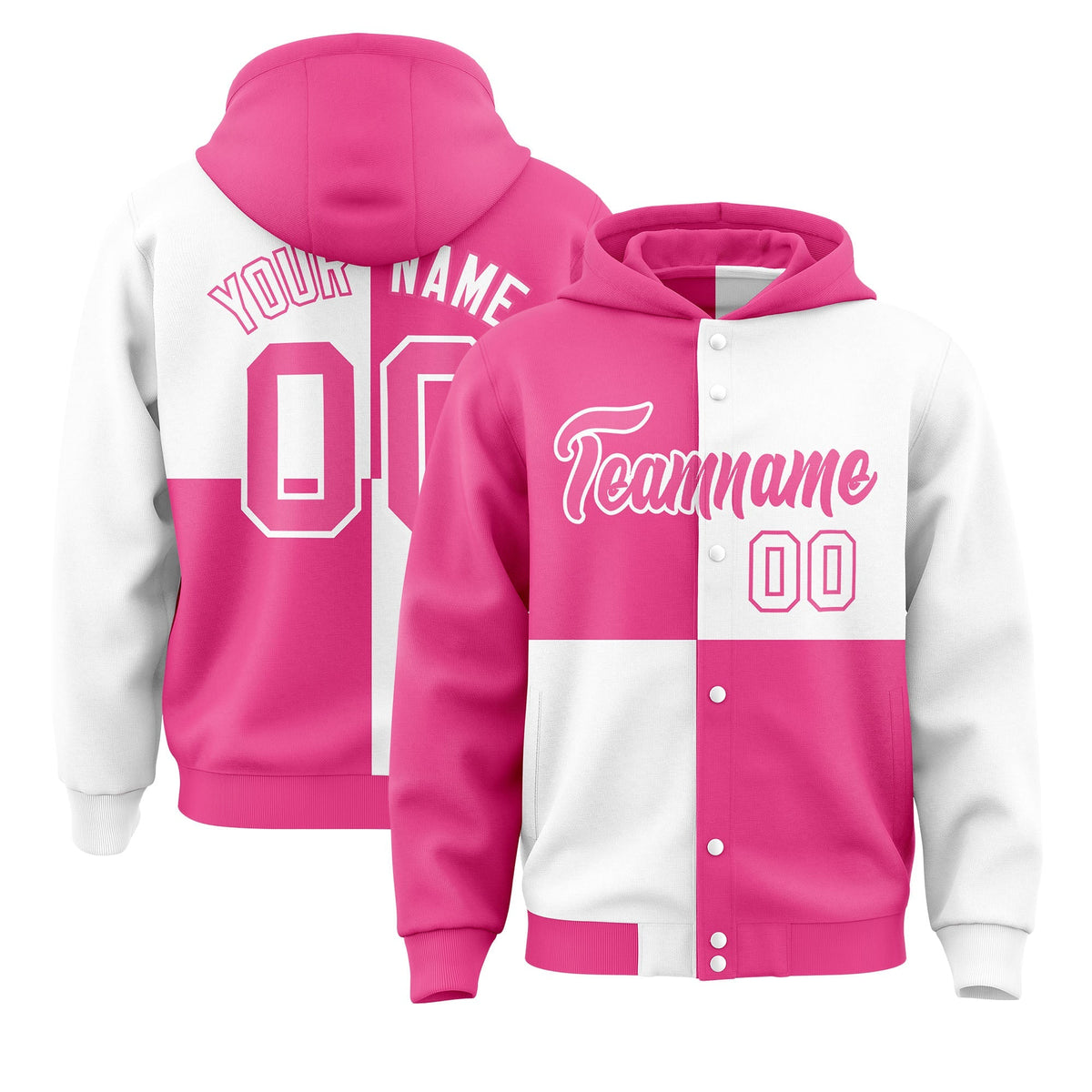 Custom Pink White Varsity Full-Snap Four Squares Color Block Letterman Jacket Hoodie| KXKSHOP