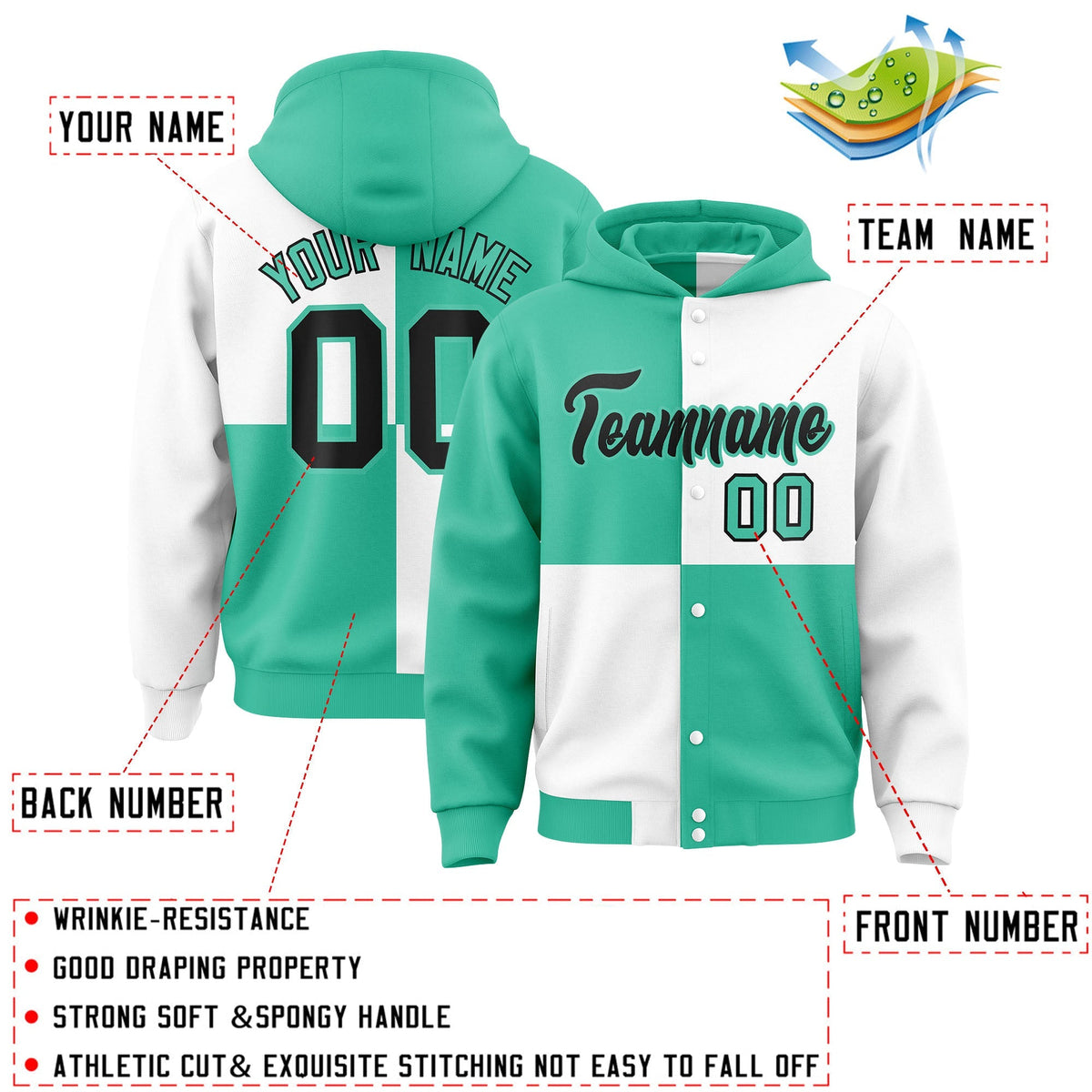 Custom Bright Green White Varsity Full-Snap Four Squares Color Block Letterman Jacket Hoodie| KXKSHOP