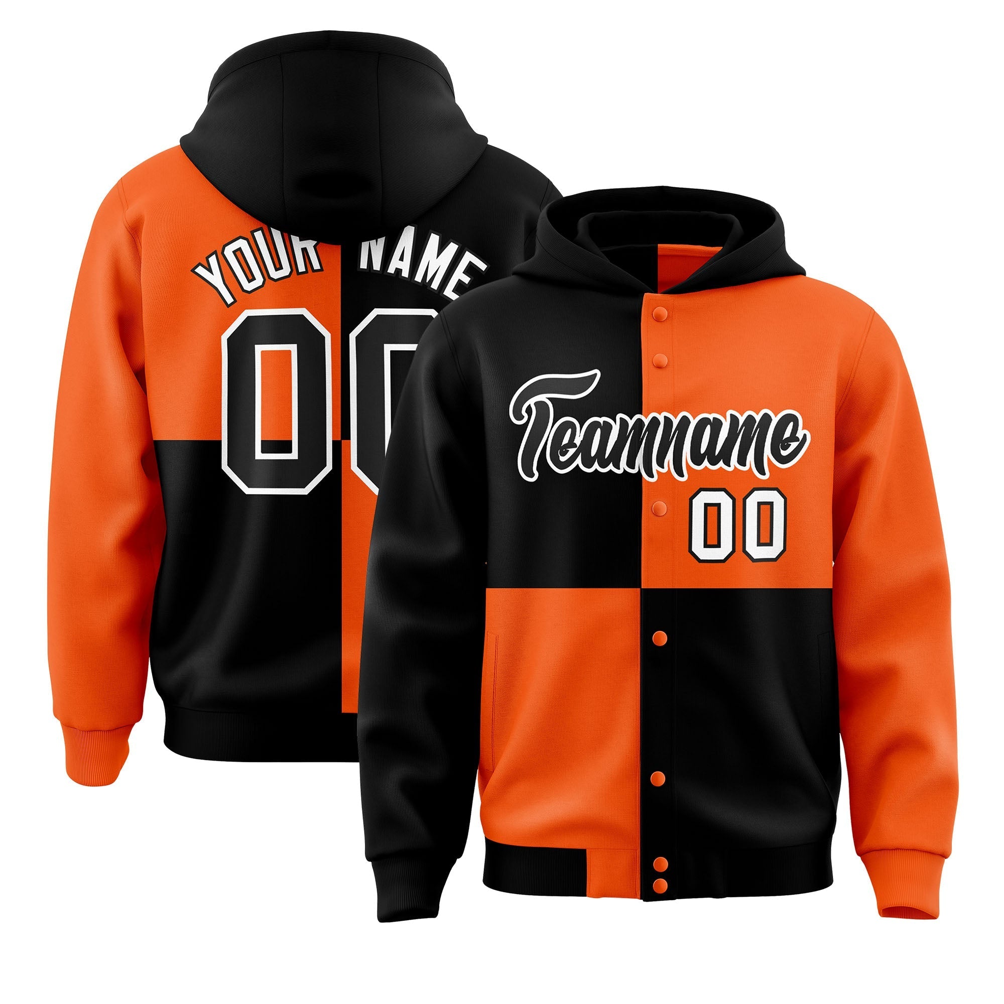 Custom Black Orange Varsity Full-Snap Four Squares Color Block Letterman Jacket Hoodie| KXKSHOP