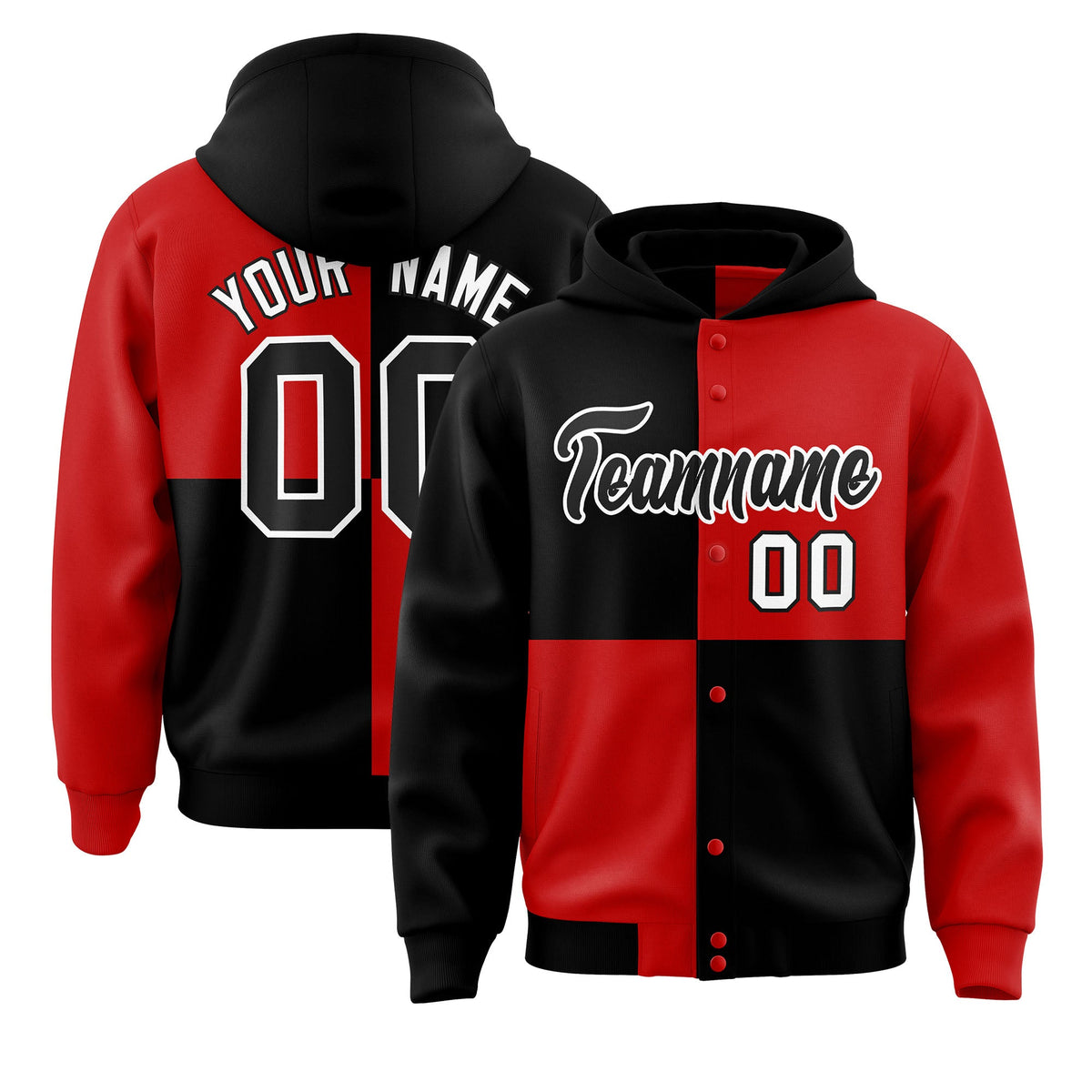 Custom Black Red Varsity Full-Snap Four Squares Color Block Letterman Jacket Hoodie| KXKSHOP