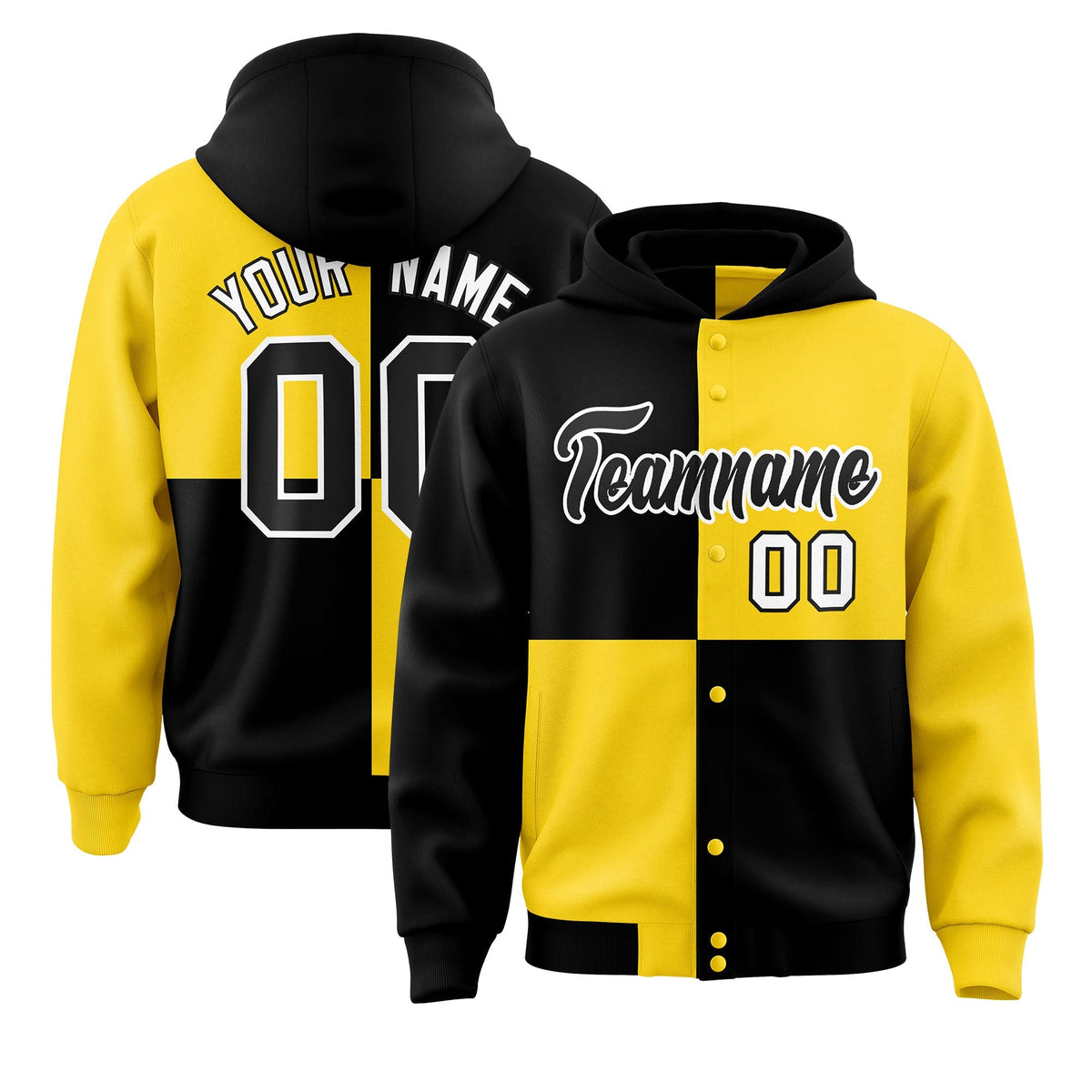 Custom Black Gold Varsity Full-Snap Four Squares Color Block Letterman Jacket Hoodie| KXKSHOP